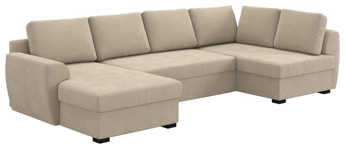 Wohnlandschaft m. Bettfunktion Cord braun, B: 327cm - Schwarz/Braun, Trend, Textil (154/327/86cm) - MID.YOU