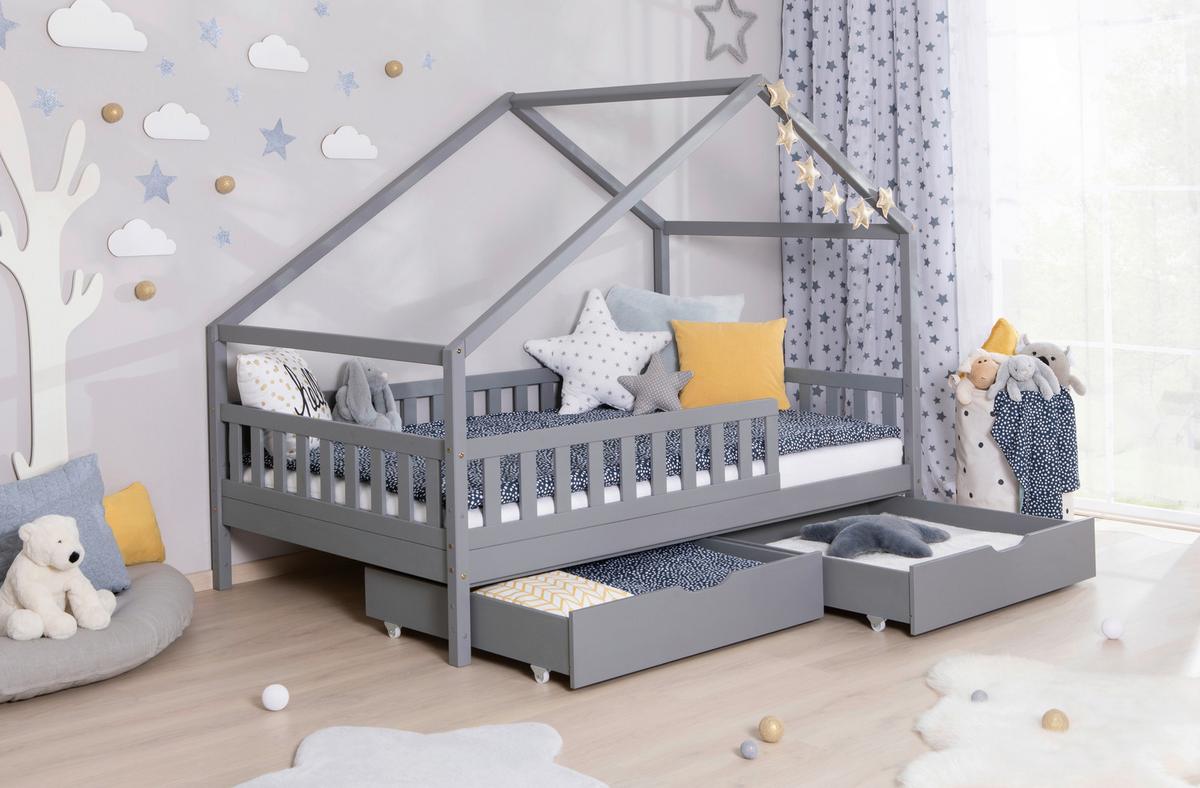 Hausbett Lou Bettschublade Hellgrau B: 120 cm - Hellgrau/Weiß, MODERN, Holz/Textil (120/200cm) - MID.YOU