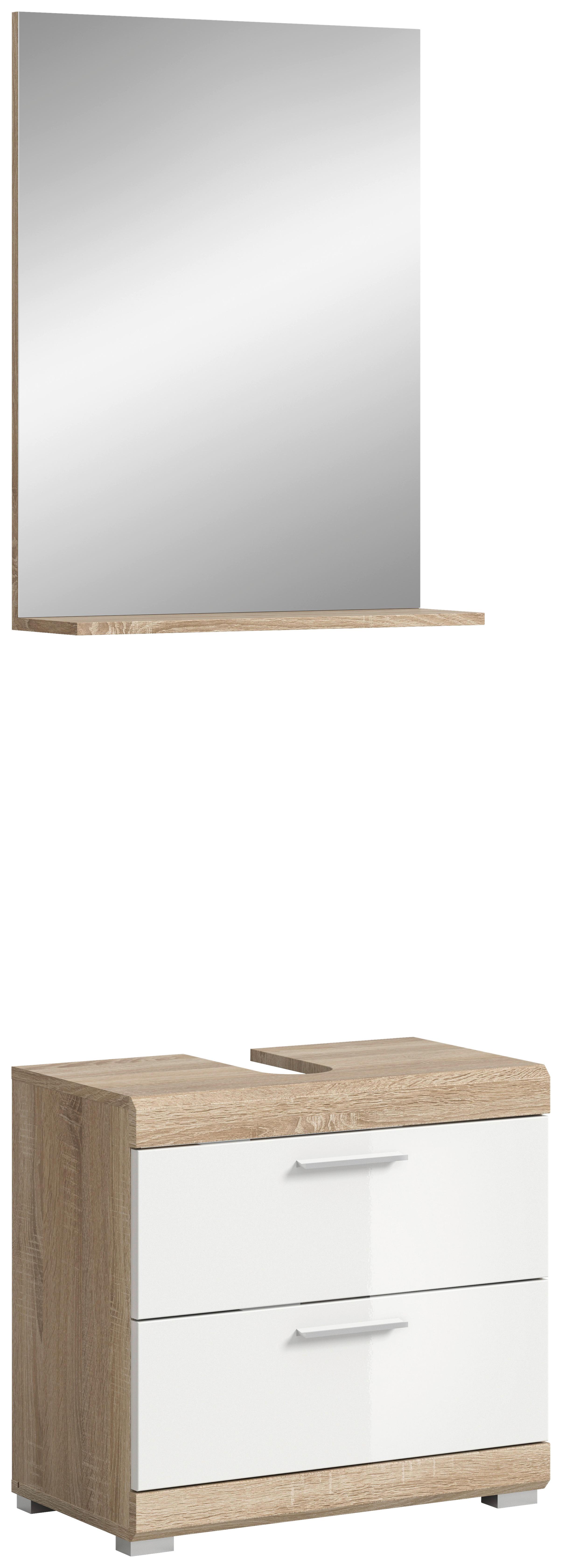 Badezimmer Lambada Eiche Dekor/weiß B: 60 Cm - Weiß Hochglanz/Silberfarben, MODERN, Glas/Holzwerkstoff (60cm) - MID.YOU