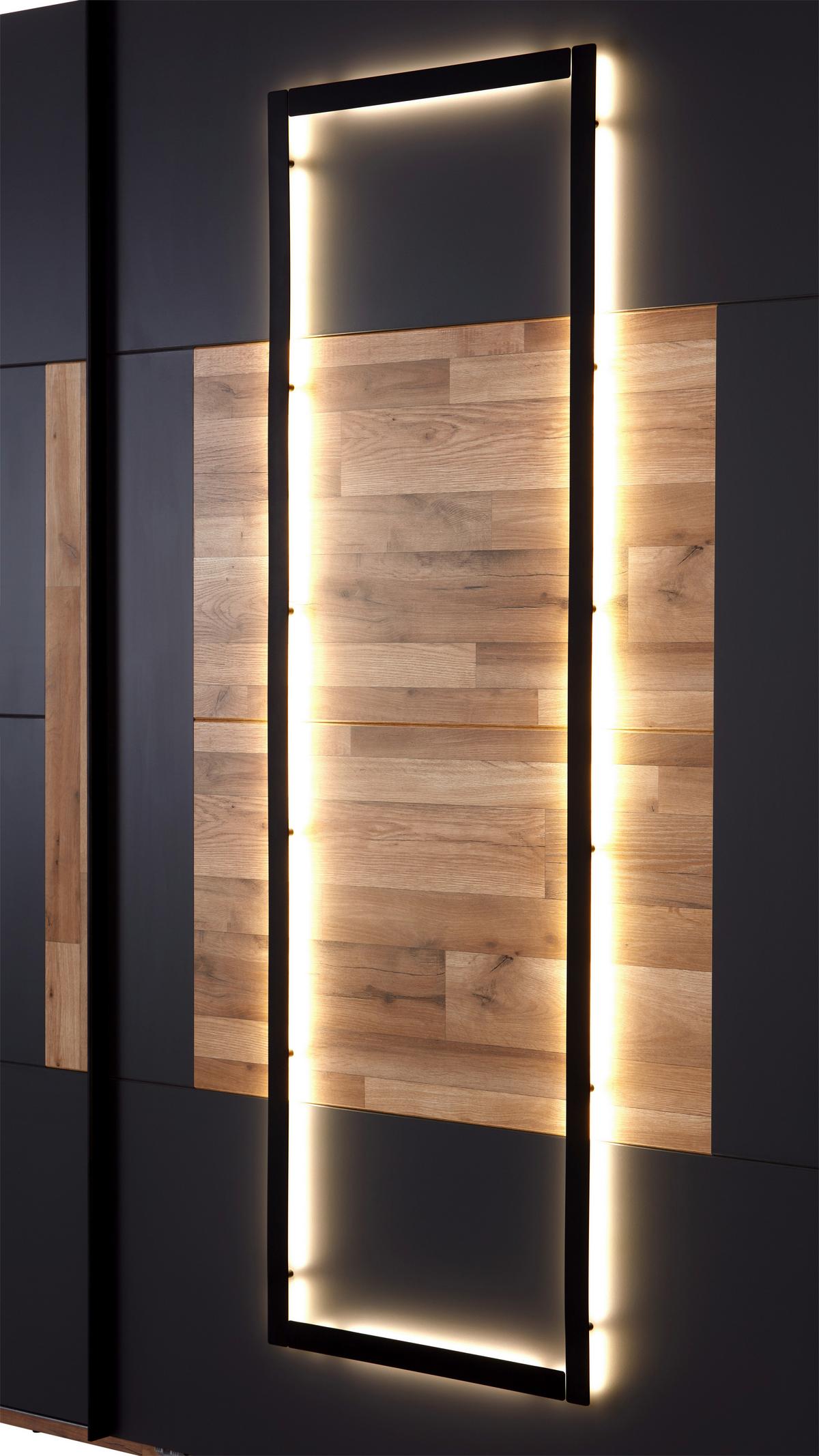Schwebetürenschrank + LED 270cm , Graphit/Eiche Dekor - Eichefarben/Graphitfarben, KONVENTIONELL, Holzwerkstoff (270/225,5/60cm) - James Wood