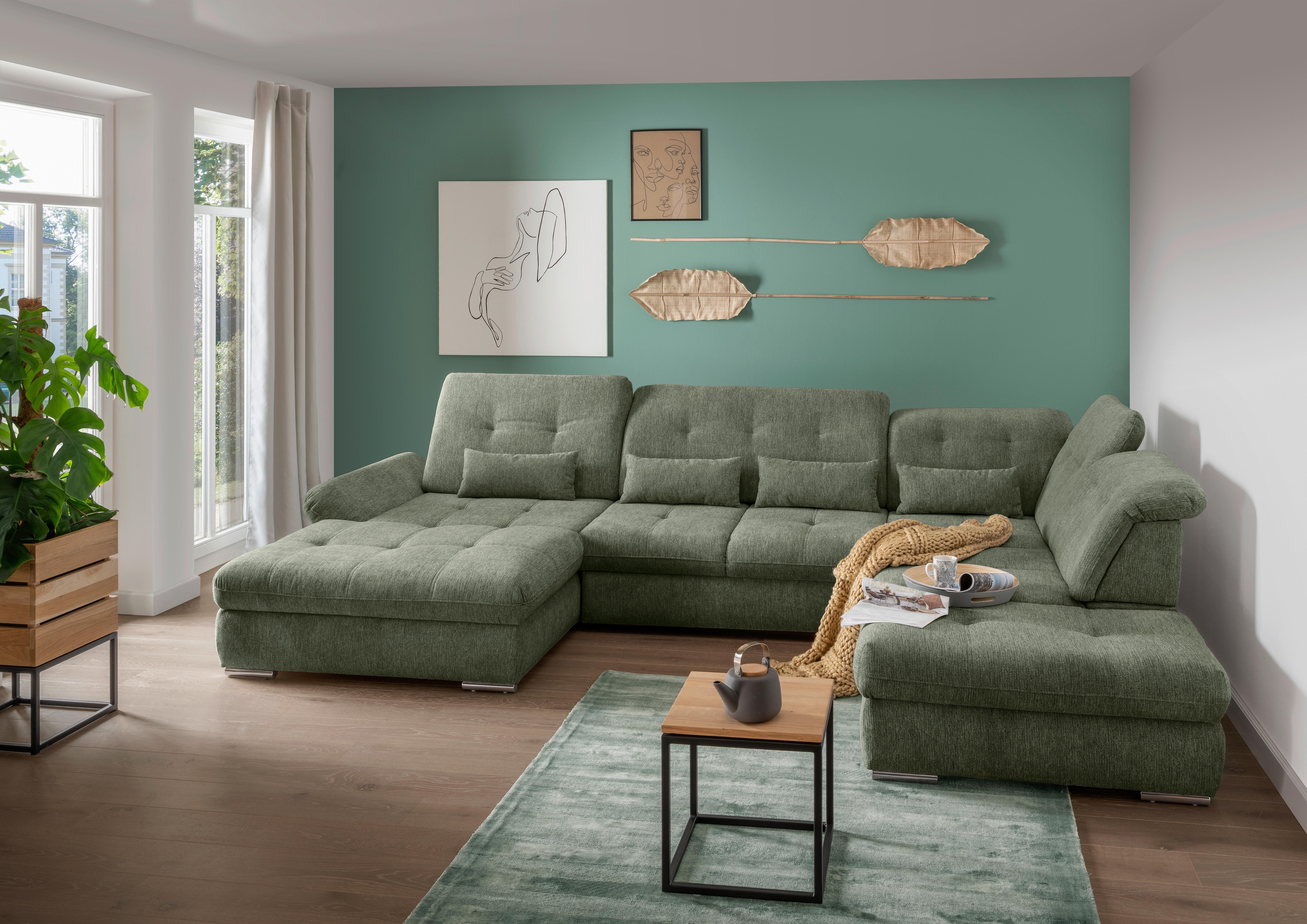 Wohnlandschaft Dalida Dunkelgrün U: 195x376x254 Cm - Chromfarben/Dunkelgrün, Design, Textil (195/376/254cm) - Livetastic