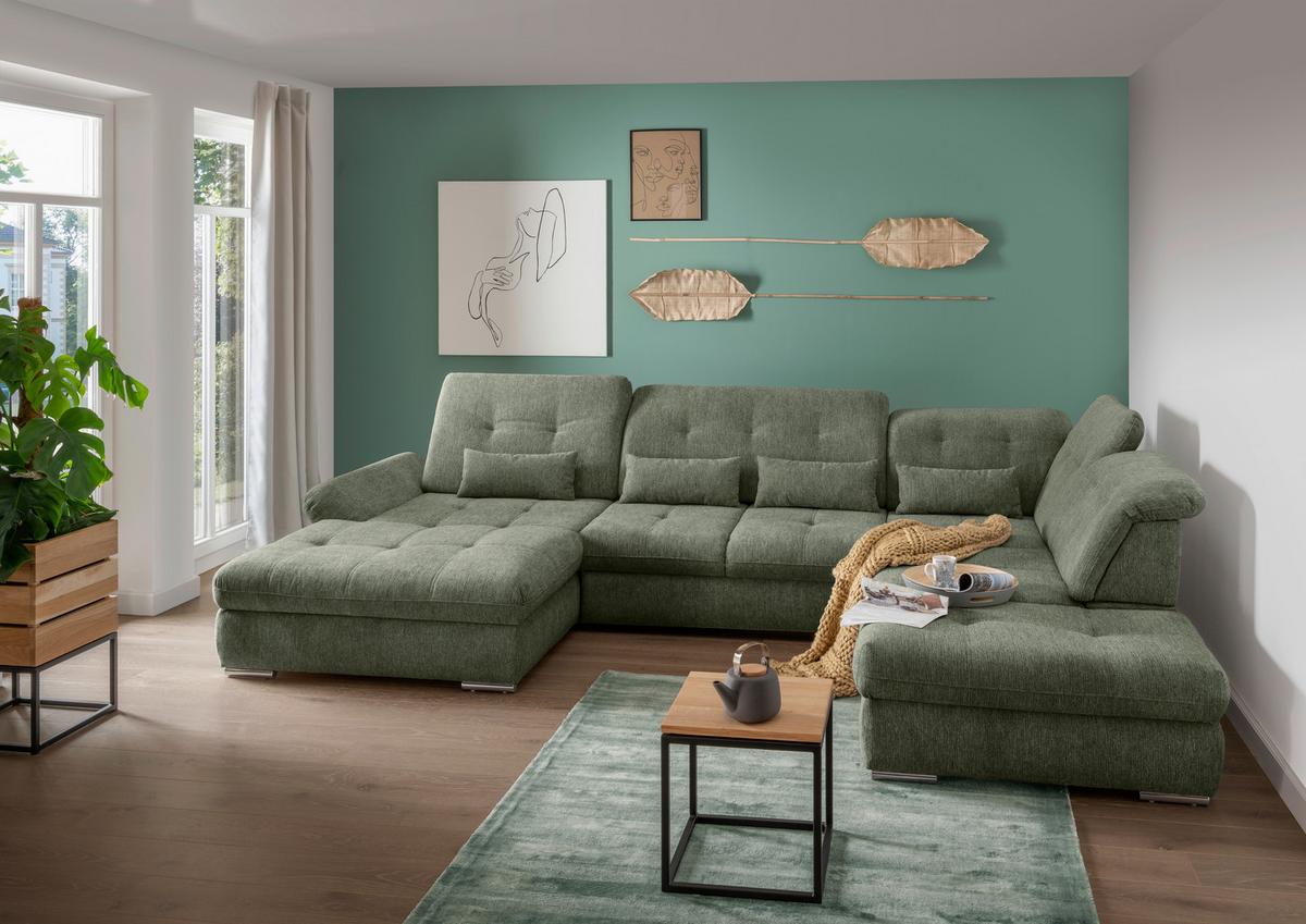 Wohnlandschaft Dalida Dunkelgrün U: 195x376x254 Cm - Chromfarben/Dunkelgrün, Design, Textil (195/376/254cm) - Livetastic