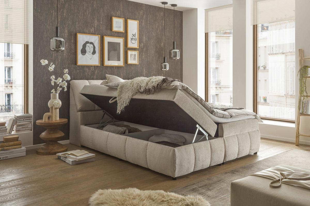 Boxbett Mit Topper+bettkasten 160x200 Cm Valencia - Beige/Schwarz, MODERN, Holzwerkstoff/Textil (160/200cm) - MID.YOU