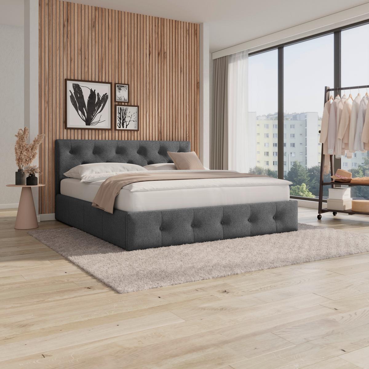 Manželská postel s roštem Julie, 180x200 cm, tmavě šedá - černá/tmavě šedá, Moderní, kov/dřevo (180/200cm) - Bessagi Home