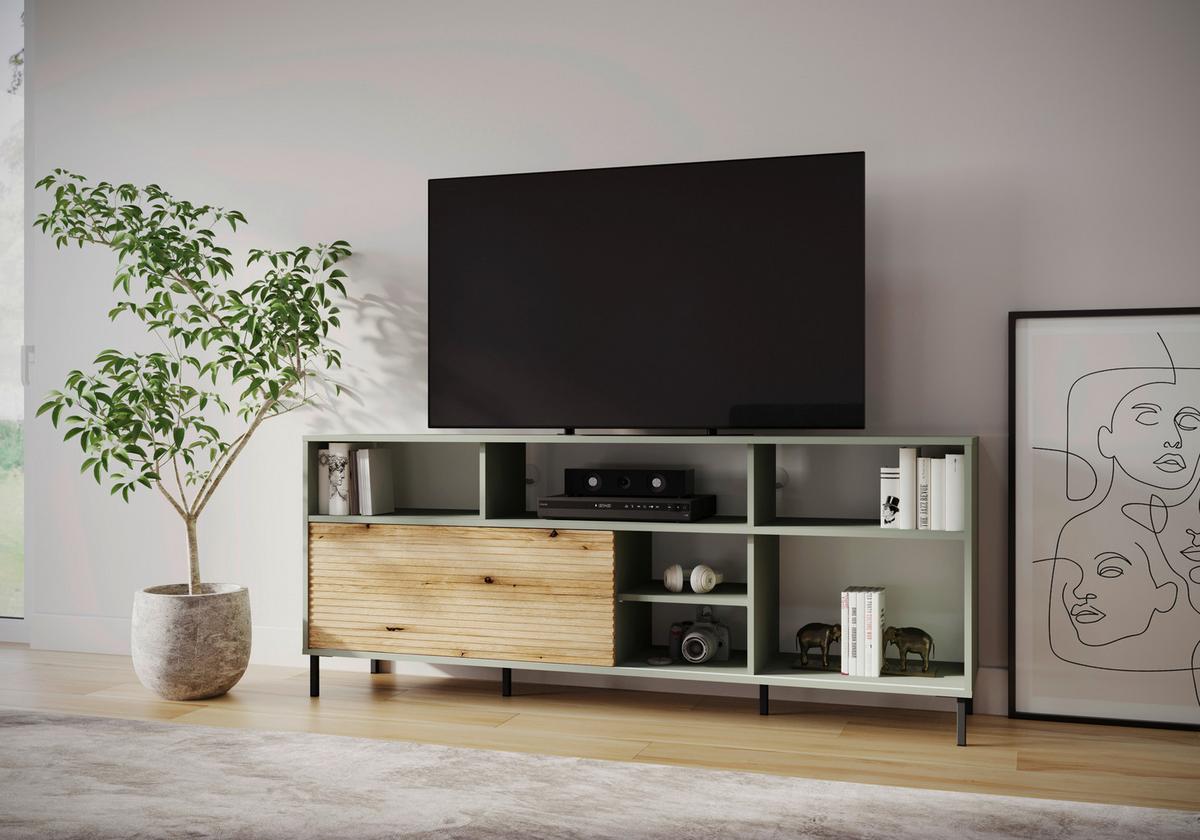 Tv-elem Pozzi - tölgyfa színű/szürkészöld, Trend, faalapú anyag (180/73,2/40cm)