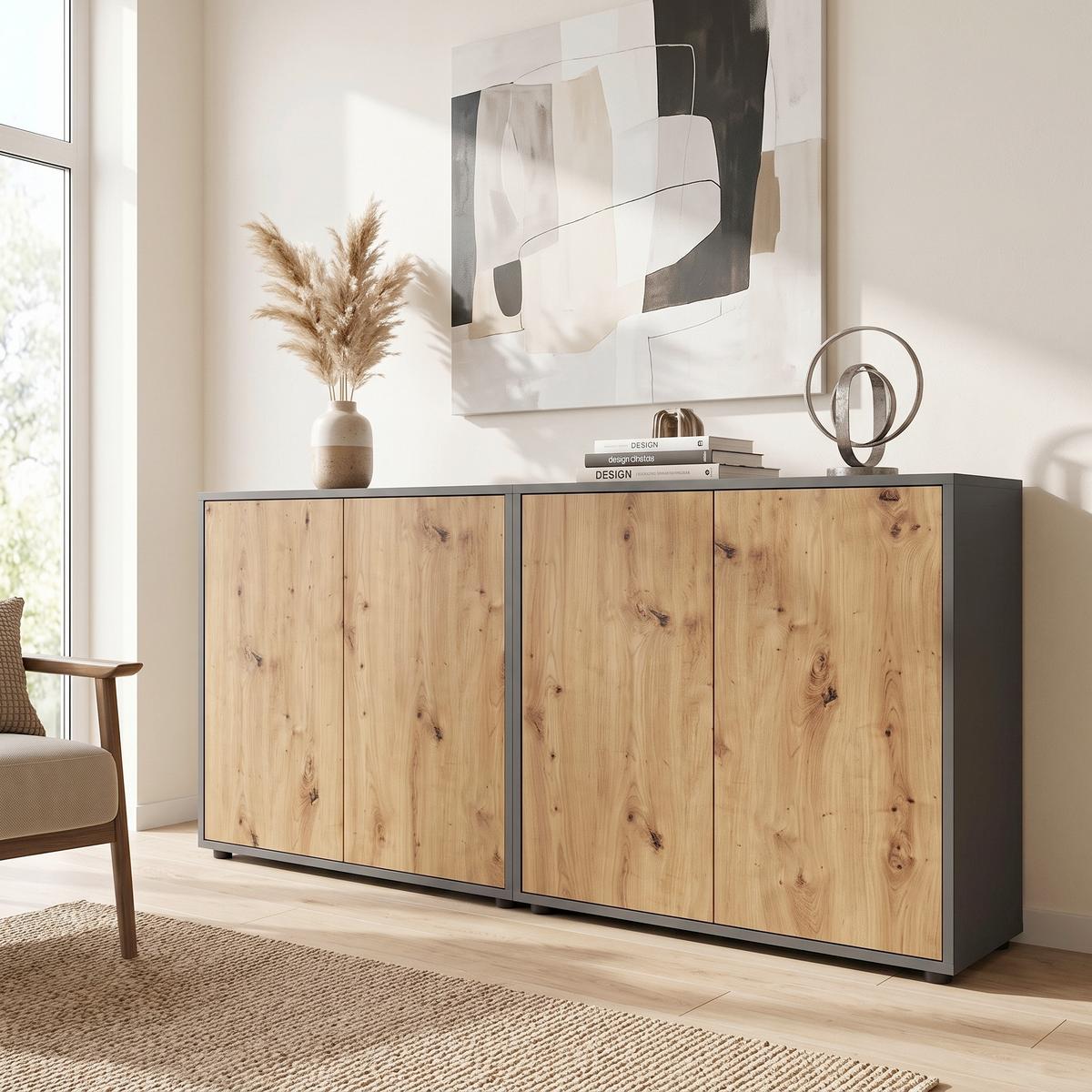 SIDEBOARD Mailand2B: 158cm Eiche Artisan - Anthrazit/Schwarz, MODERN, Holzwerkstoff (158/73/33cm) - MID.YOU
