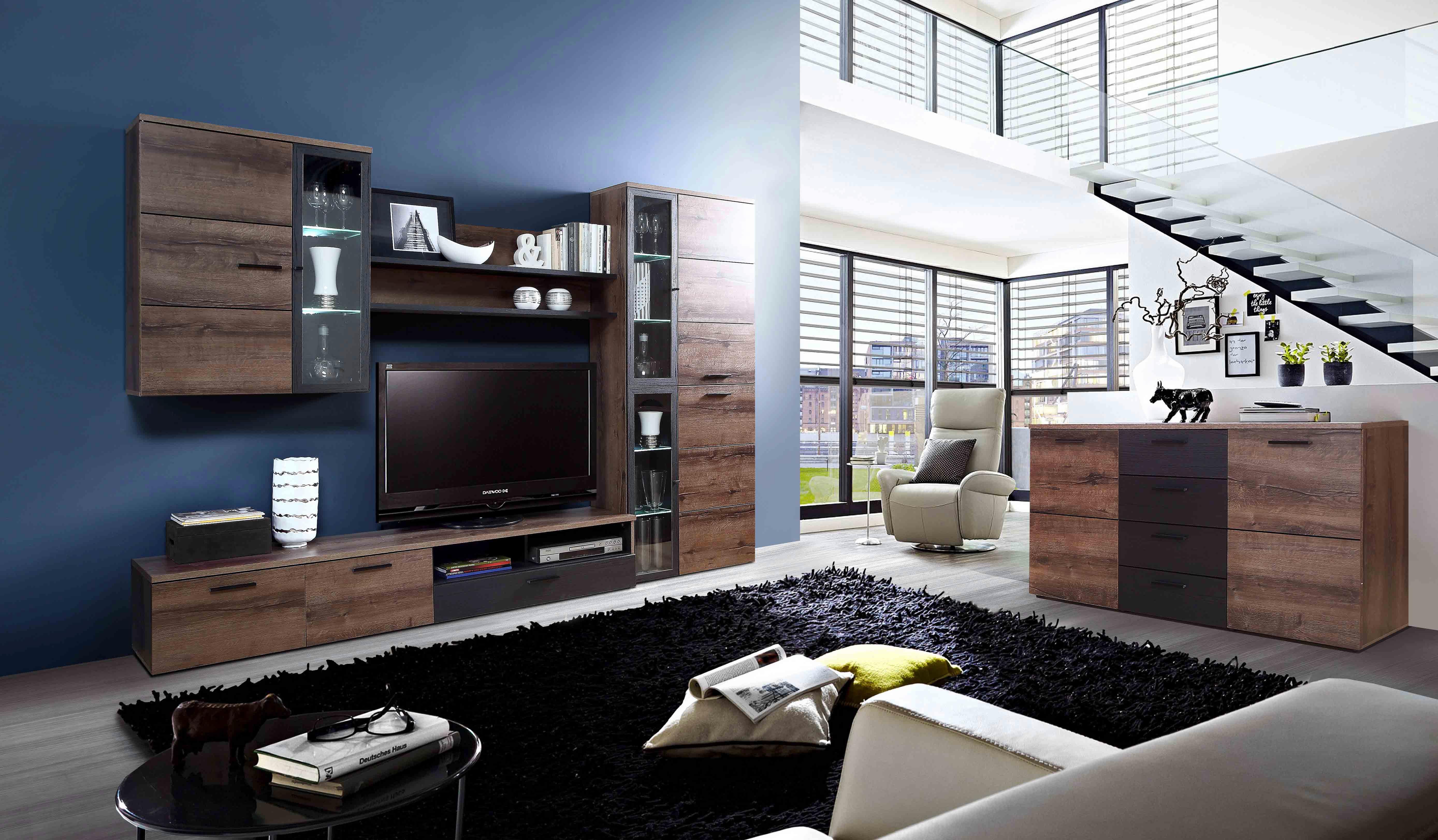 Vitrinkombináció Durango - Tölgyfa/Iszap, modern, Faalapú anyag/Műanyag (279,6/196/41,3(34,1)cm)