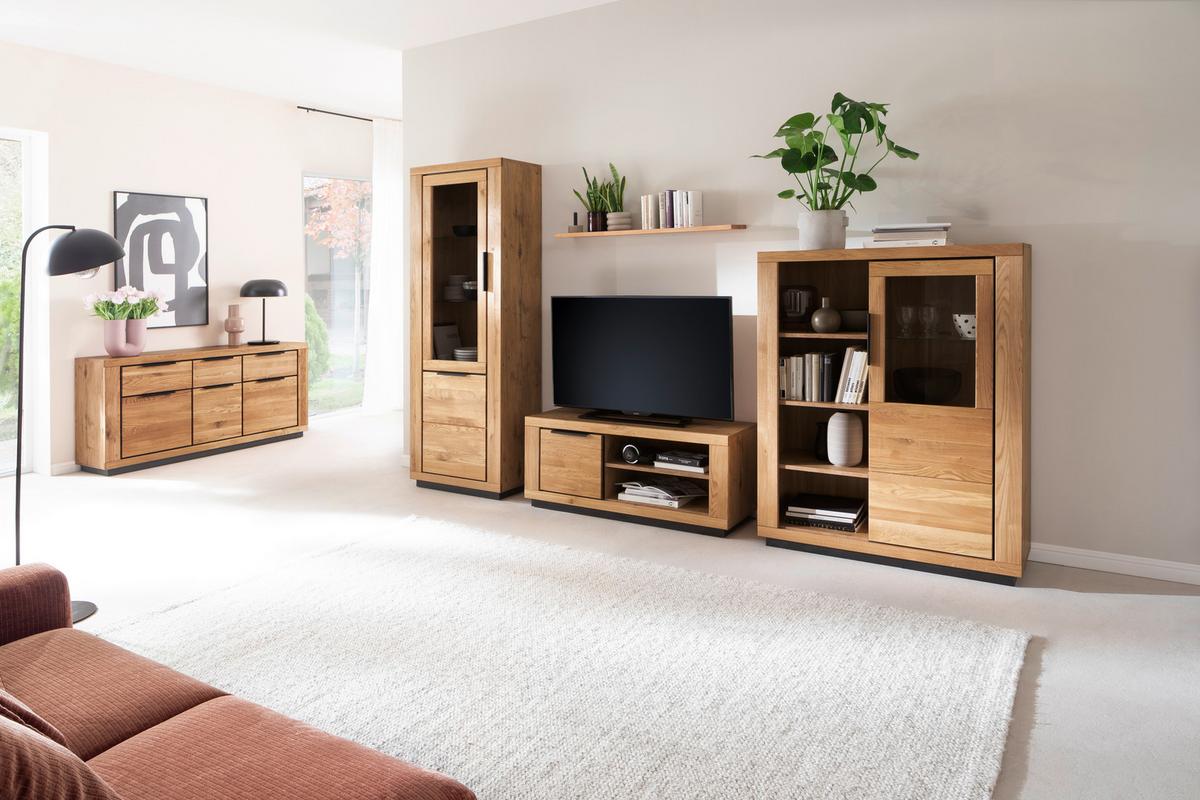 Wohnwand Wildeiche, B: 346 cm - Wildeiche/Schwarz, Design, Glas/Holz (346/200/54cm) - MID.YOU