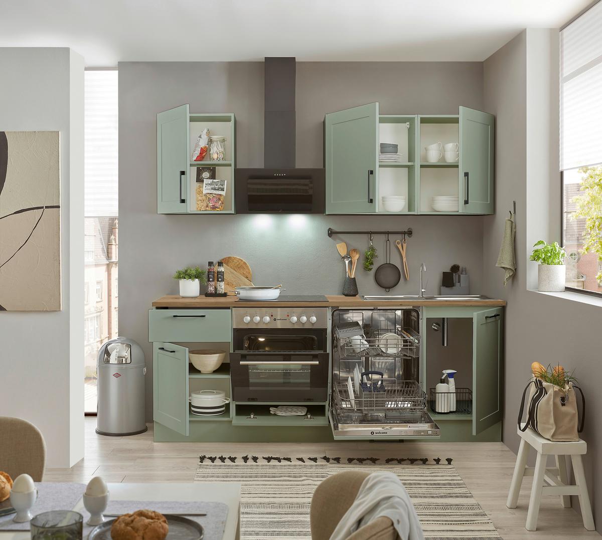 Küchenblock Marseille Grün/Eiche Dekor B: 220 cm - Eiche Artisan/Grün, Design, Holzwerkstoff (220cm) - MID.YOU