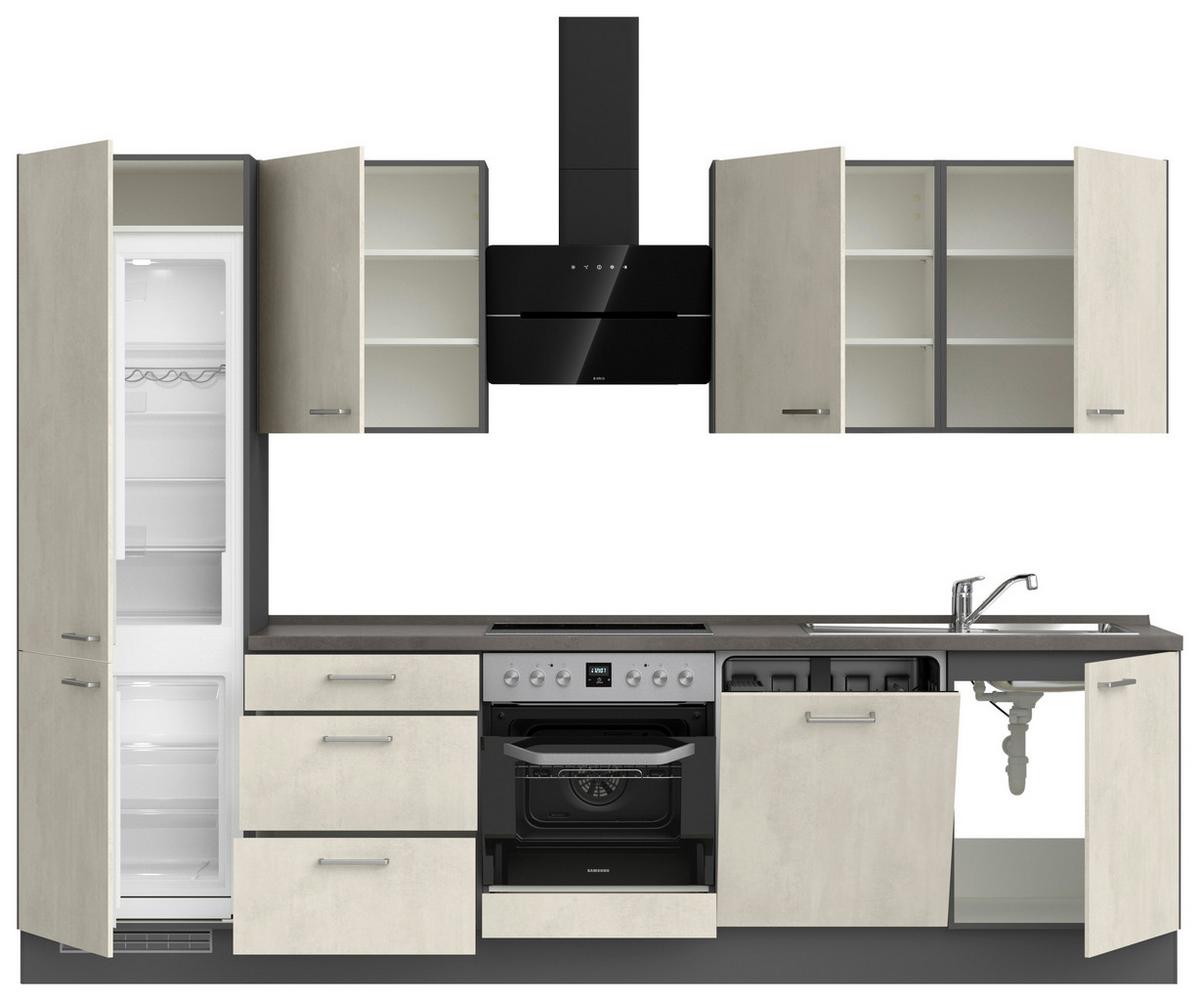 Kuchynská linka 300CM biely betón/ bridlicová šedá - biela/farba ušľachtilej ocele, Modern, kov/kompozitné drevo (300cm) - Nobilia