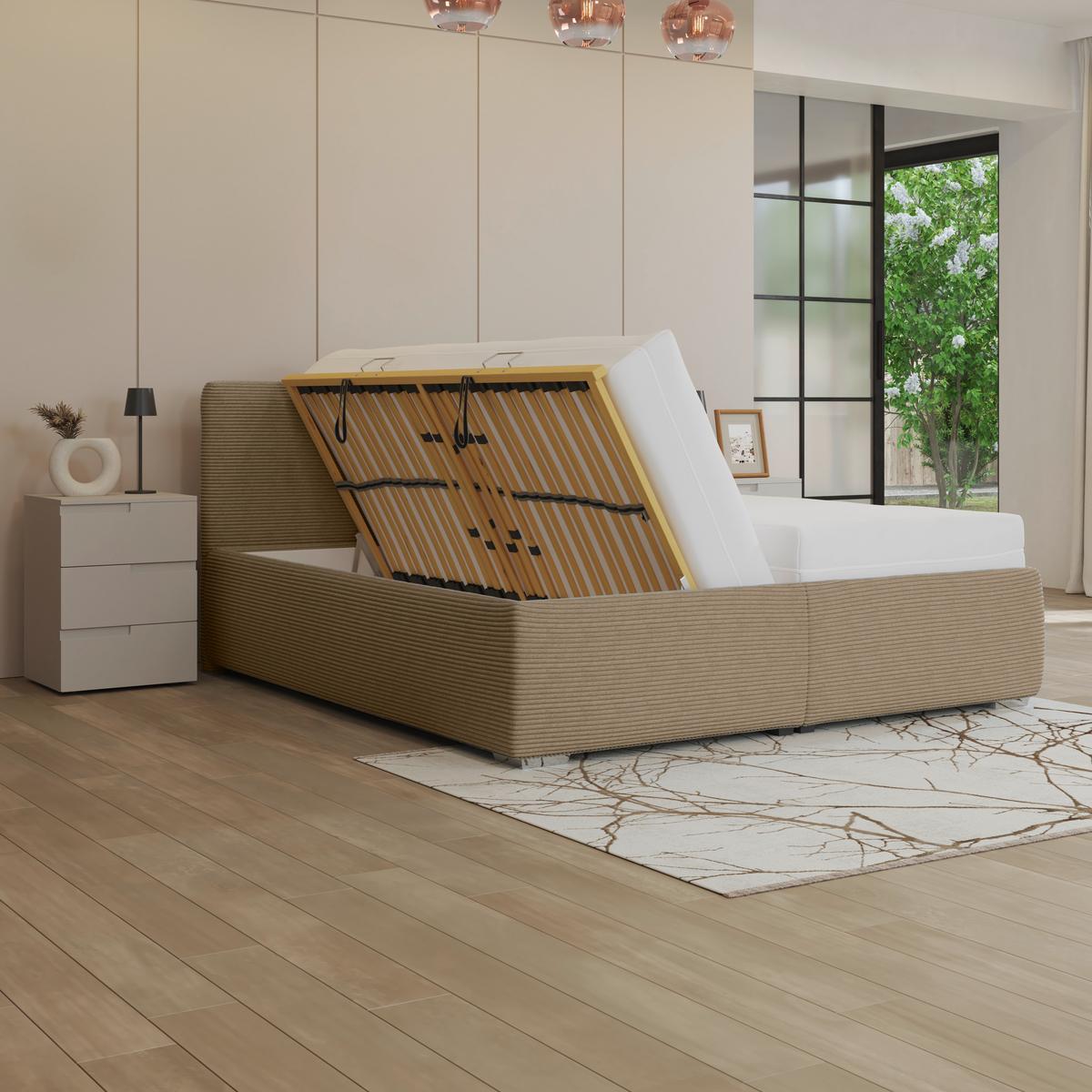 Polsterbett Lesia - Hellbraun/Chromfarben, KONVENTIONELL, Holzwerkstoff/Textil (180/200cm)