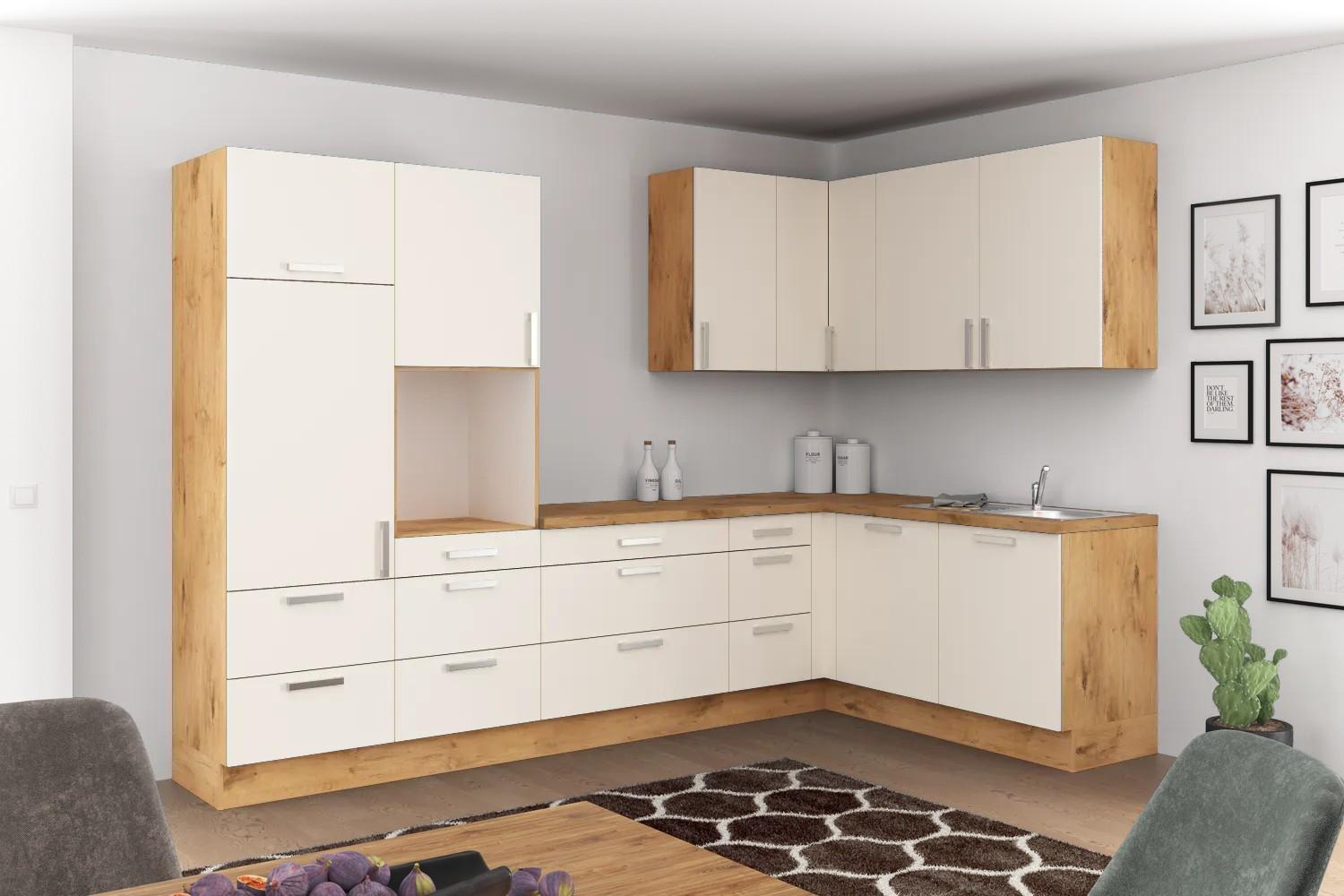 Eckküche Ip1200 Ohne Geräte 320x185cm Magnolie/eiche Dekor - Eichefarben/Magnolie, Basics (320/185cm)