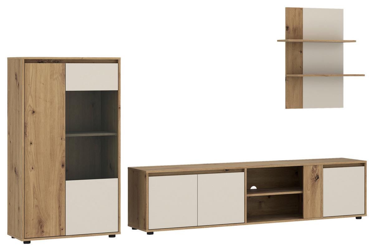 Wohnwand Caneva Eiche Artisan/Kaschmir B:267cm - Kaschmir/Eiche Artisan, MODERN, Glas/Holzwerkstoff (267,5/135/40cm) - Modern Living
