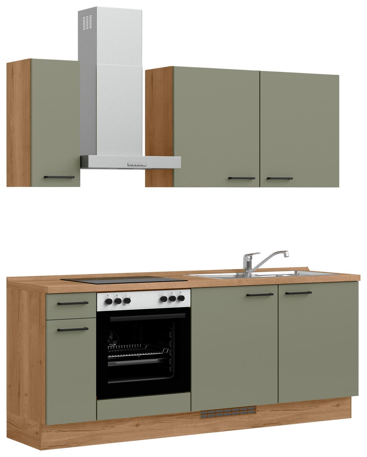 Kuchyňská linka 210 cm, olivově zelená - barvy dubu/černá, Moderní, kov/kompozitní dřevo (210cm) - Nobilia