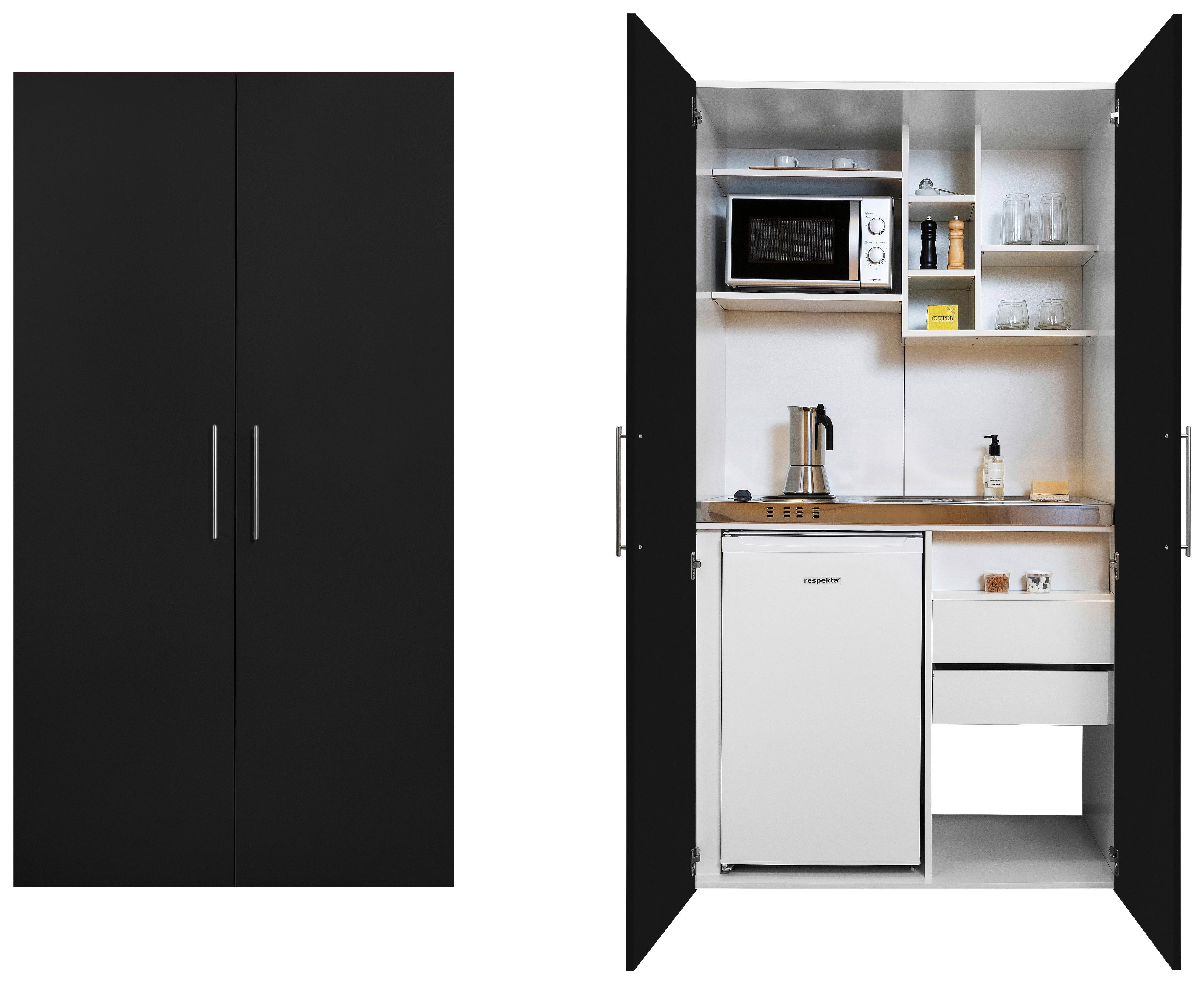 Schrankküche mit Mikrowelle + Kühlschrank 104cm Weiß/Schwarz - Silberfarben/Schwarz, MODERN, Holzwerkstoff/Metall (104/193/67cm) - Respekta