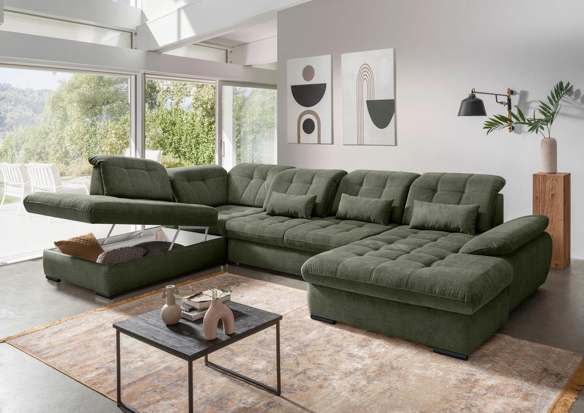 Wohnlandschaft Mit Bettkasten Rigatti Dunkelgrün B: 387 Cm - Dunkelgrün/Schwarz, MODERN, Textil (252/387/184cm) - Livetastic