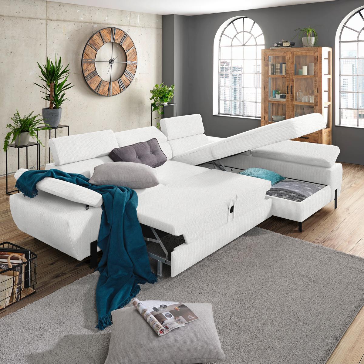 Rohová sedačka MILNA, pravá, écru - čierna/krémová, Modern, kov/drevo (277/90/189cm) - Mömax