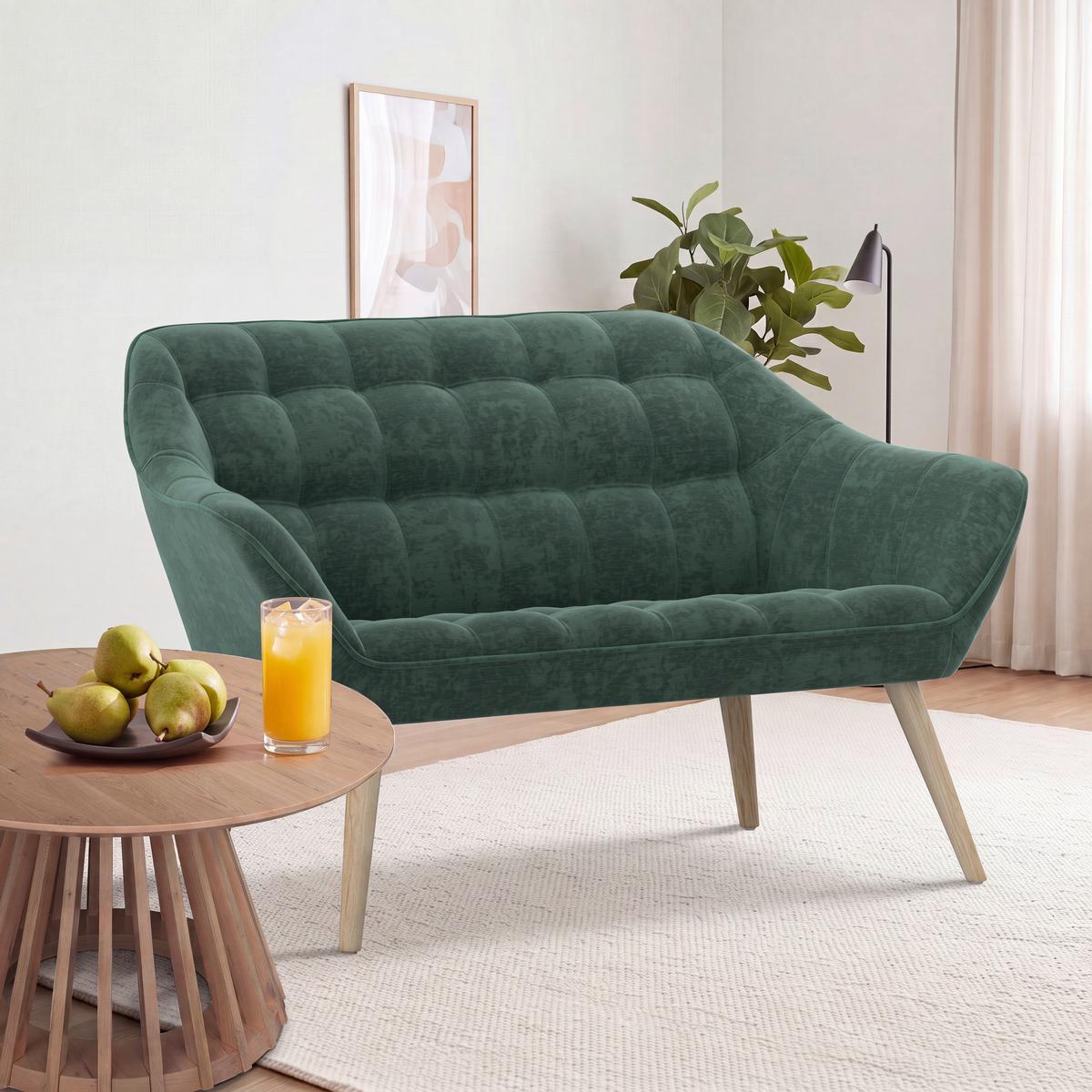 Dvoumístná pohovka MONIQUE, zelená žinylka - zelená/přírodní barvy, Moderní, kov/dřevo (126/74/76cm) - Bessagi Home