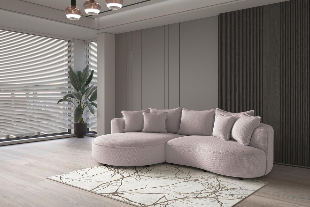 Rohová sedačka LEVI, levá, svetlě růžová, se 7 polštáři - černá/světle růžová, Moderní, textil/plast (168/287cm)