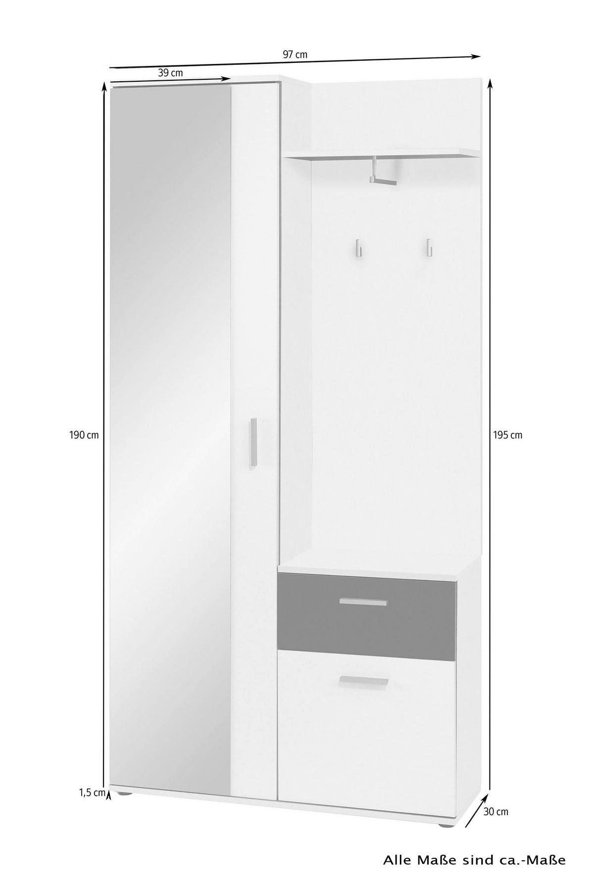 Garderoben-Set Jakob 01 Weiß/Schwarz 5--Teilig. Mit Spiegel - Schwarz/Weiß, MODERN, Holzwerkstoff (97/195/30cm) - MID.YOU