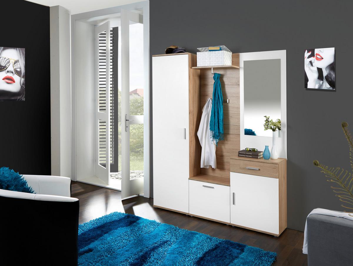 Előszobafal Mia - tölgyfa színű/fehér, Modern, faalapú anyag/üveg (150/190/29cm)