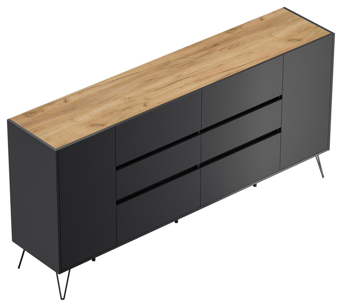 Sideboard Posseik Industrial Graphitf./eichefarben B: 199cm - Eichefarben/Schwarz, Design, Holzwerkstoff (199/93,6/42cm) - P & B