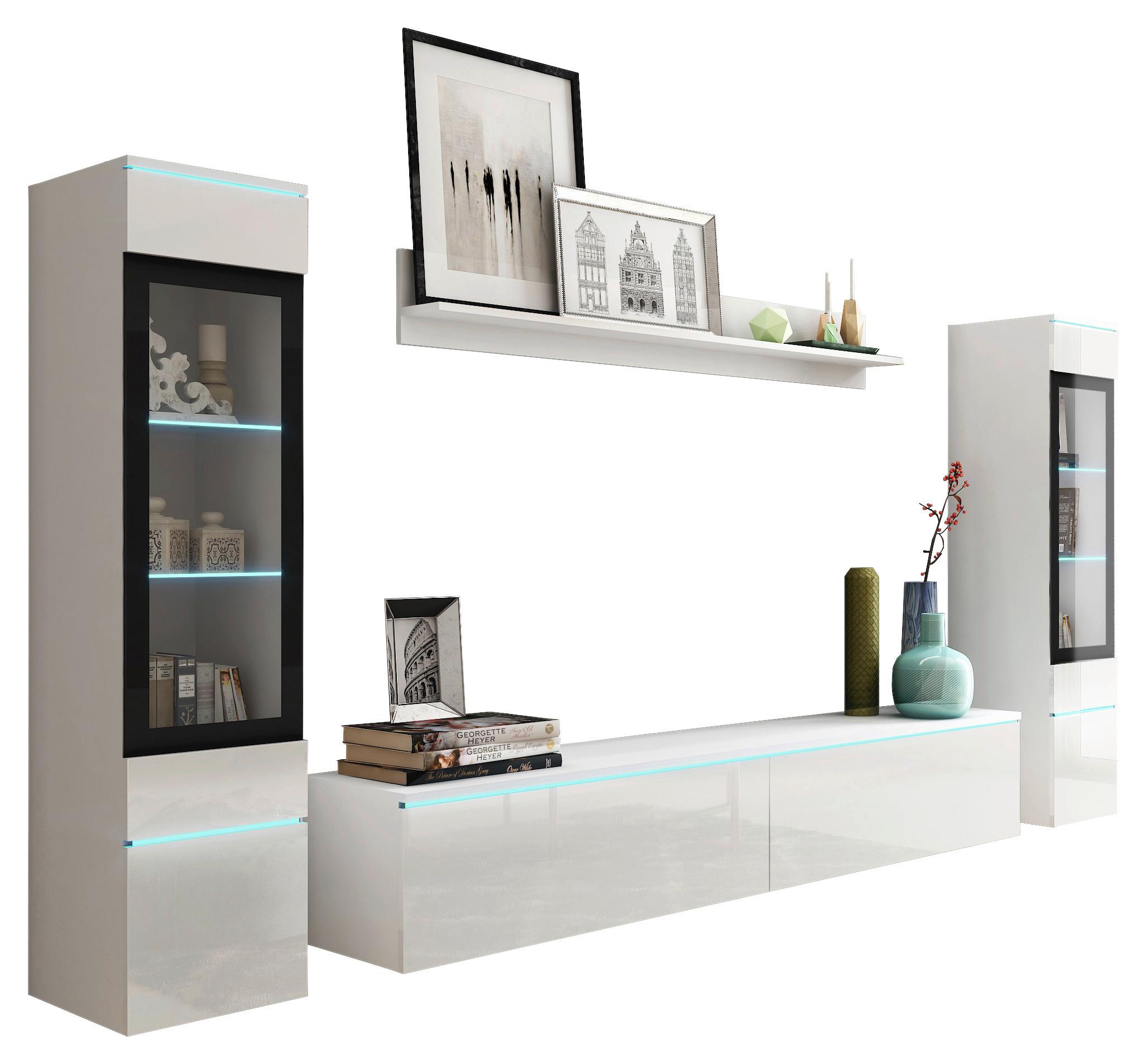 Wohnkombination Modern 4-Tlg. mit Led Vera Weiß Hochglanz - Weiß Hochglanz/Weiß, LIFESTYLE, Glas/Holzwerkstoff (240/130/33cm) - P & B