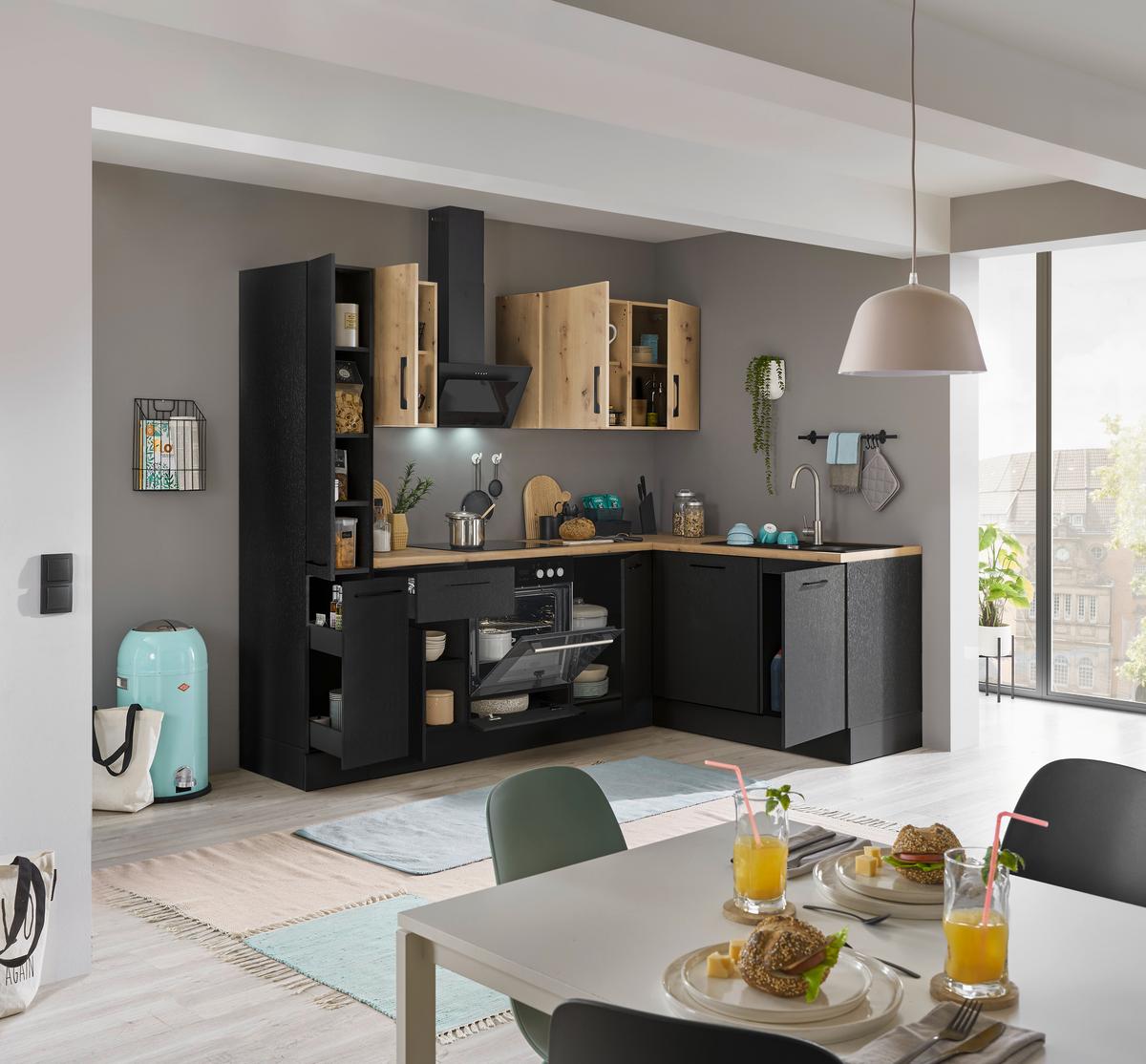 Eckküche Turin Schwarz/Eiche Dekor 250x175 cm - Schwarz/Eiche Artisan, Basics, Holzwerkstoff (250/175cm) - MID.YOU