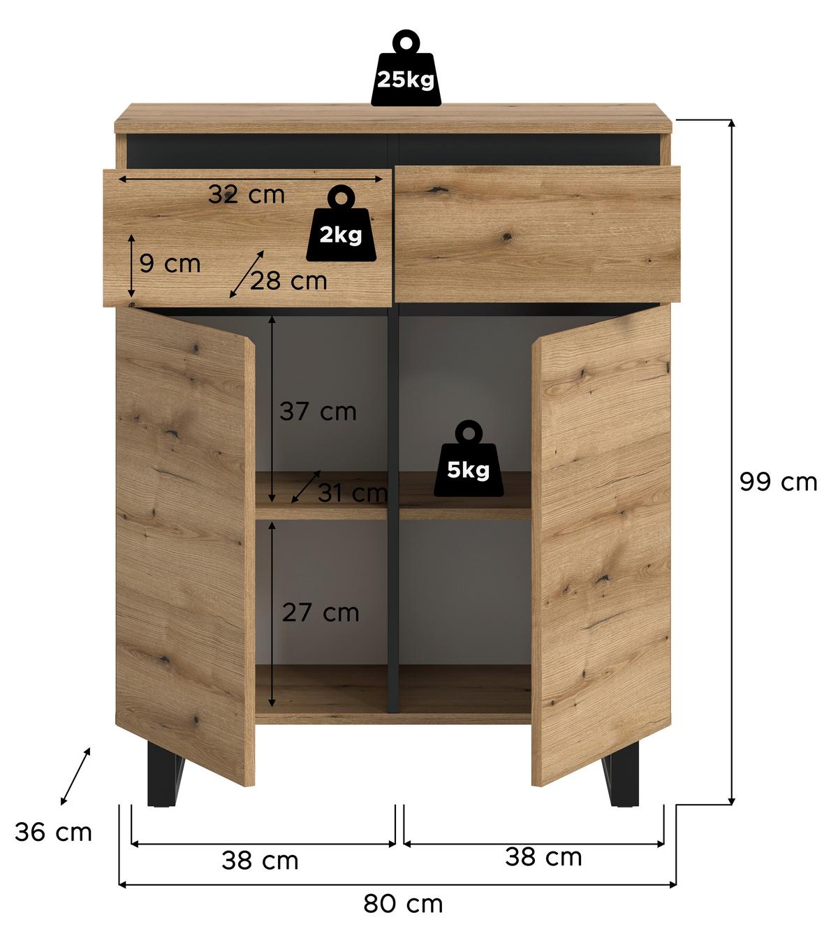 Kommode Tomasa Eiche Dunkel B: 80 Cm - Eiche dunkel, Design, Holzwerkstoff (80/99/36cm) - Livetastic