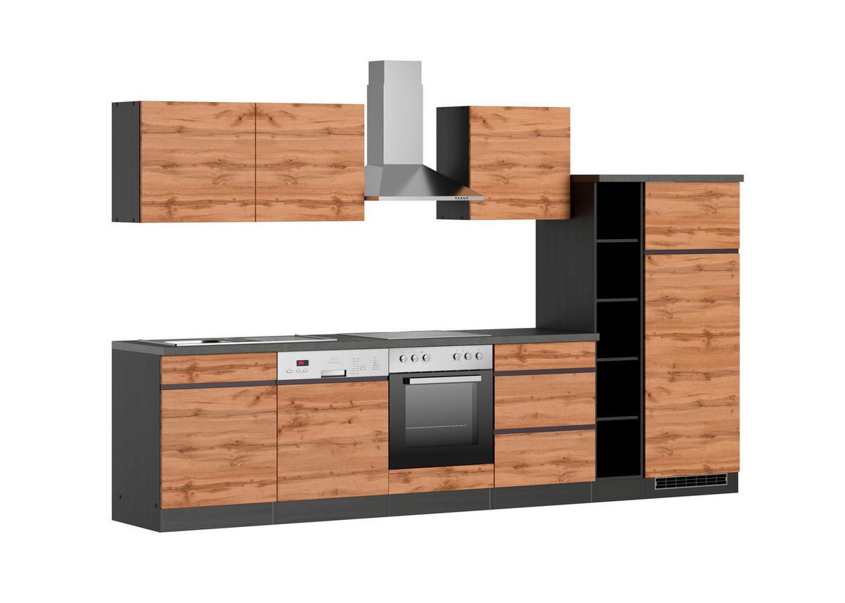 Küchenzeile Turin mit Geräte B: 330 cm Graphit/Eiche Dekor - Eiche Wotan/Graphitfarben, Design, Holzwerkstoff (330cm) - Held