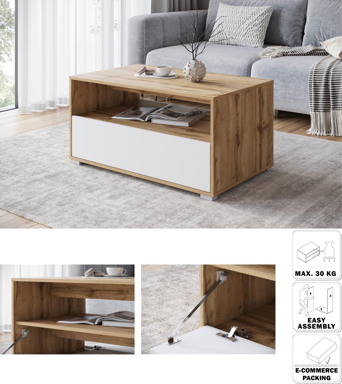 Couchtisch Narobi-ii Eiche Wotan/weiß B: 90 Cm - Eiche Wotan/Weiß, Trend, Holzwerkstoff/Kunststoff (90/45/55cm) - P & B