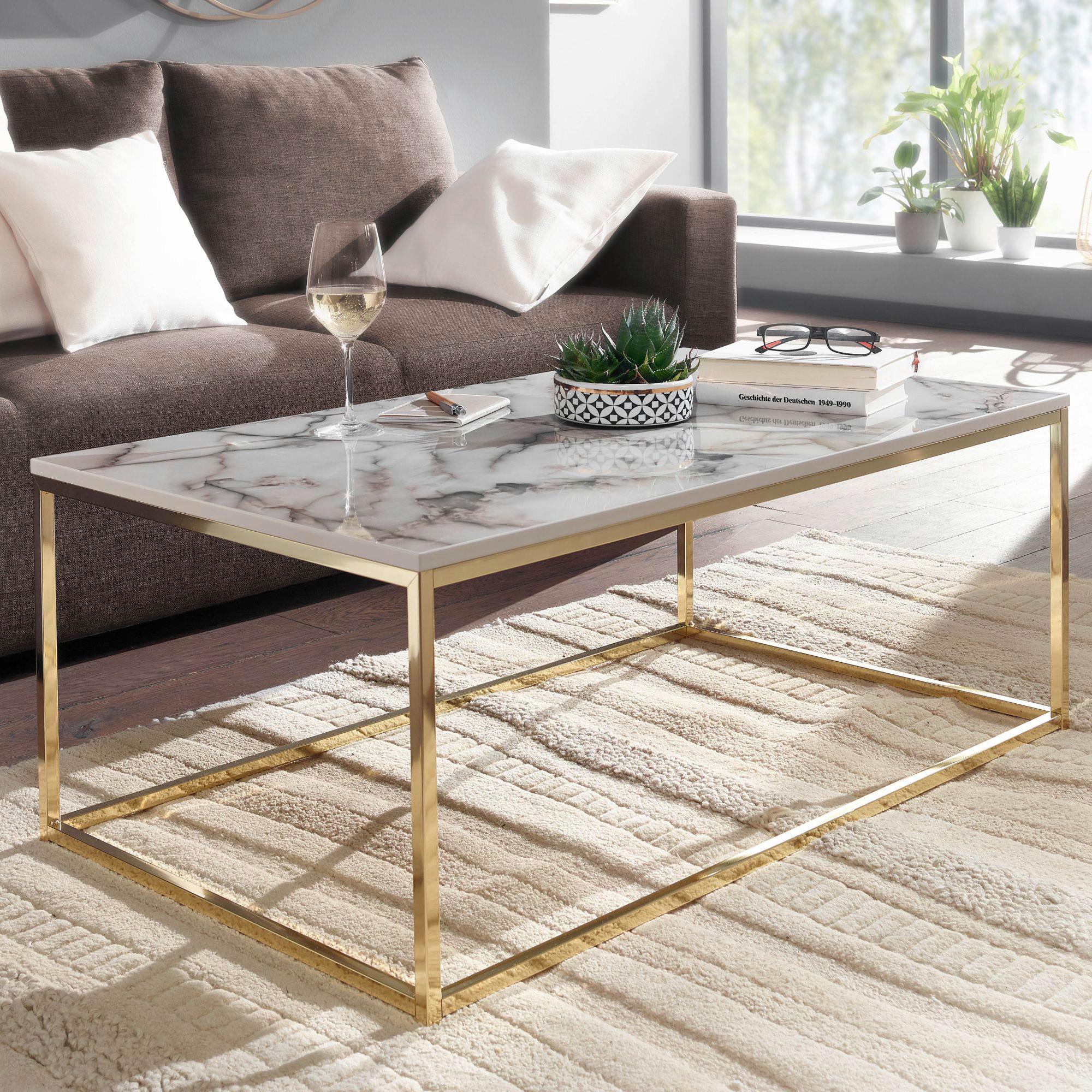 Konferenčný stolík vzhľad mramoru š: 100cm - zlatá/biela, Modern, kov/kompozitné drevo (100/60/40cm) - MID.YOU