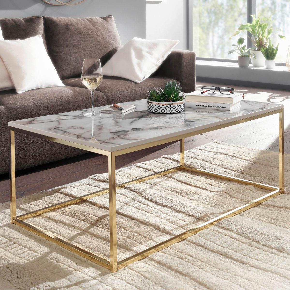 Konferenční stolek vzhled mramoru š: 100cm - bílá/barvy zlata, Moderní, kov/kompozitní dřevo (100/60/40cm) - MID.YOU