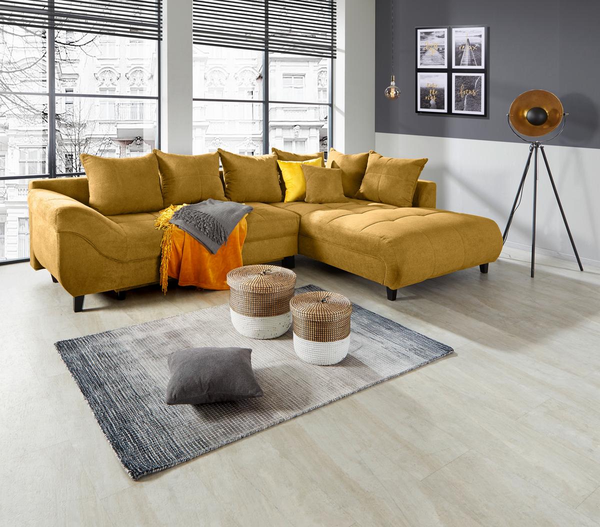 Ecksofa Mendoza - Senfgelb/Schwarz, Design, Textil (309/197cm) - Ondega