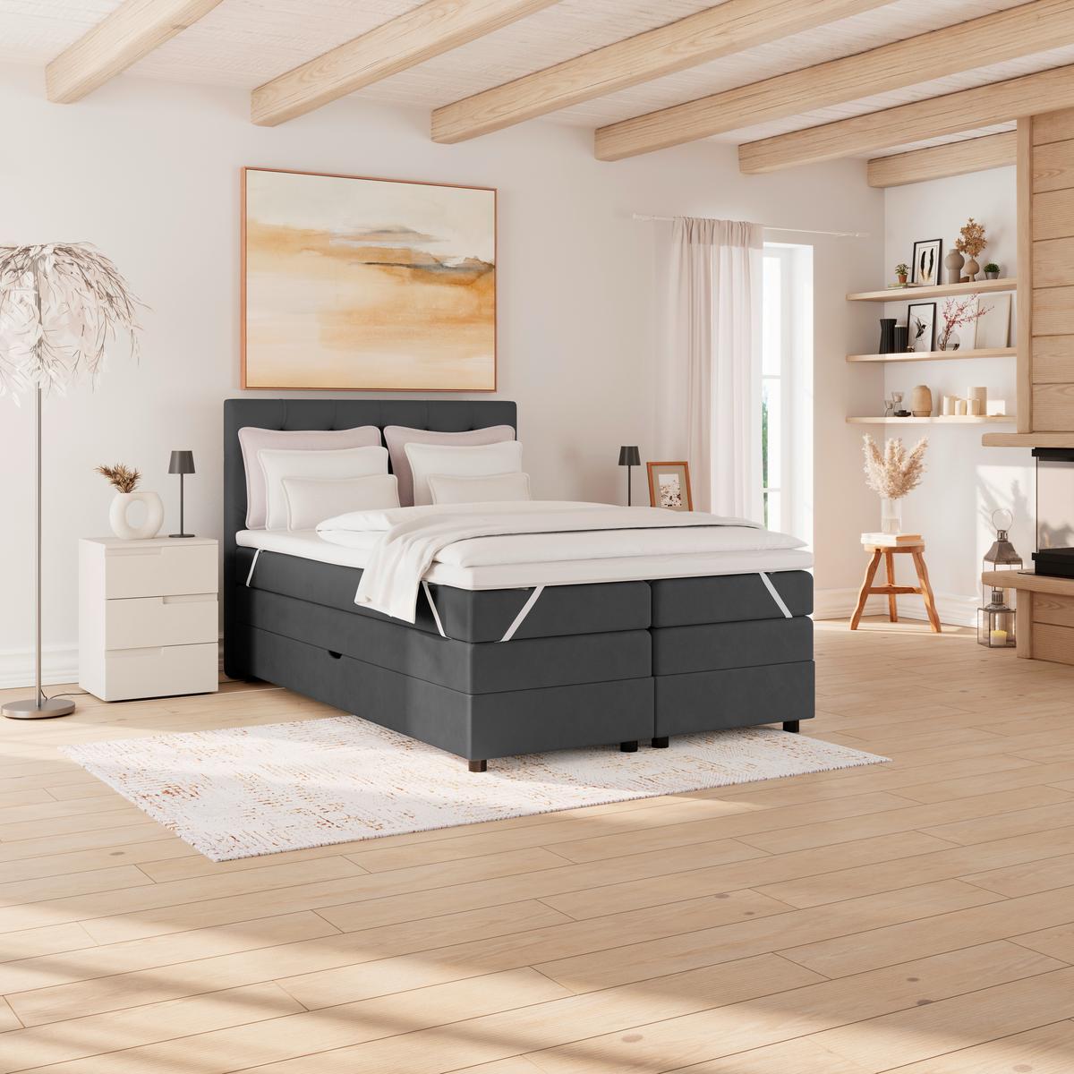 Boxspringbett Elio Graphitfarben 140x200 Cm H4 - Schwarz/Graphitfarben, ROMANTIK / LANDHAUS, Textil (144/121/212cm) - James Wood