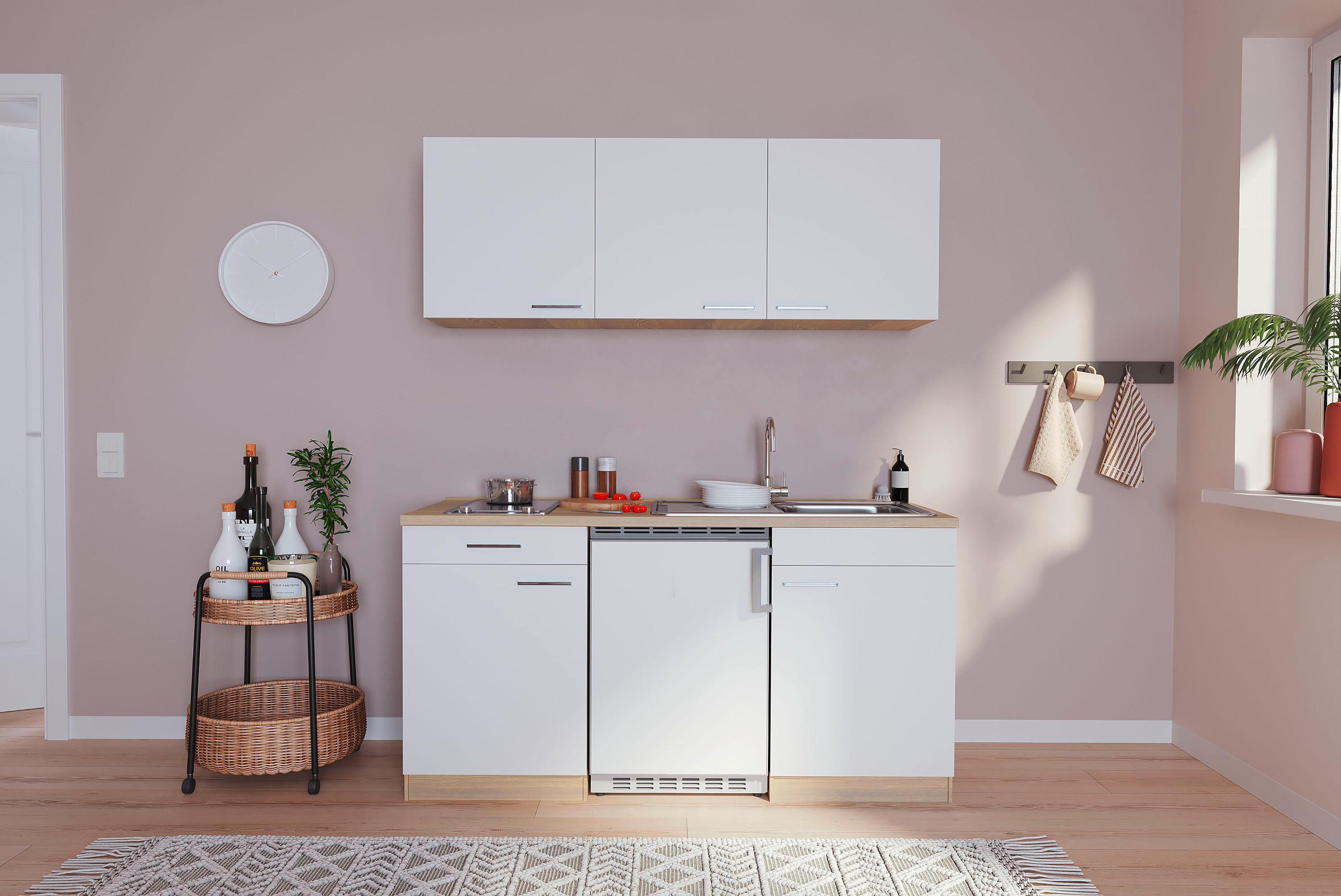 Miniküche m. Kühlschrank + Kochfeld 150 cm Weiß/Eiche - Eichefarben/Weiß, Basics, Holzwerkstoff (150cm) - Respekta