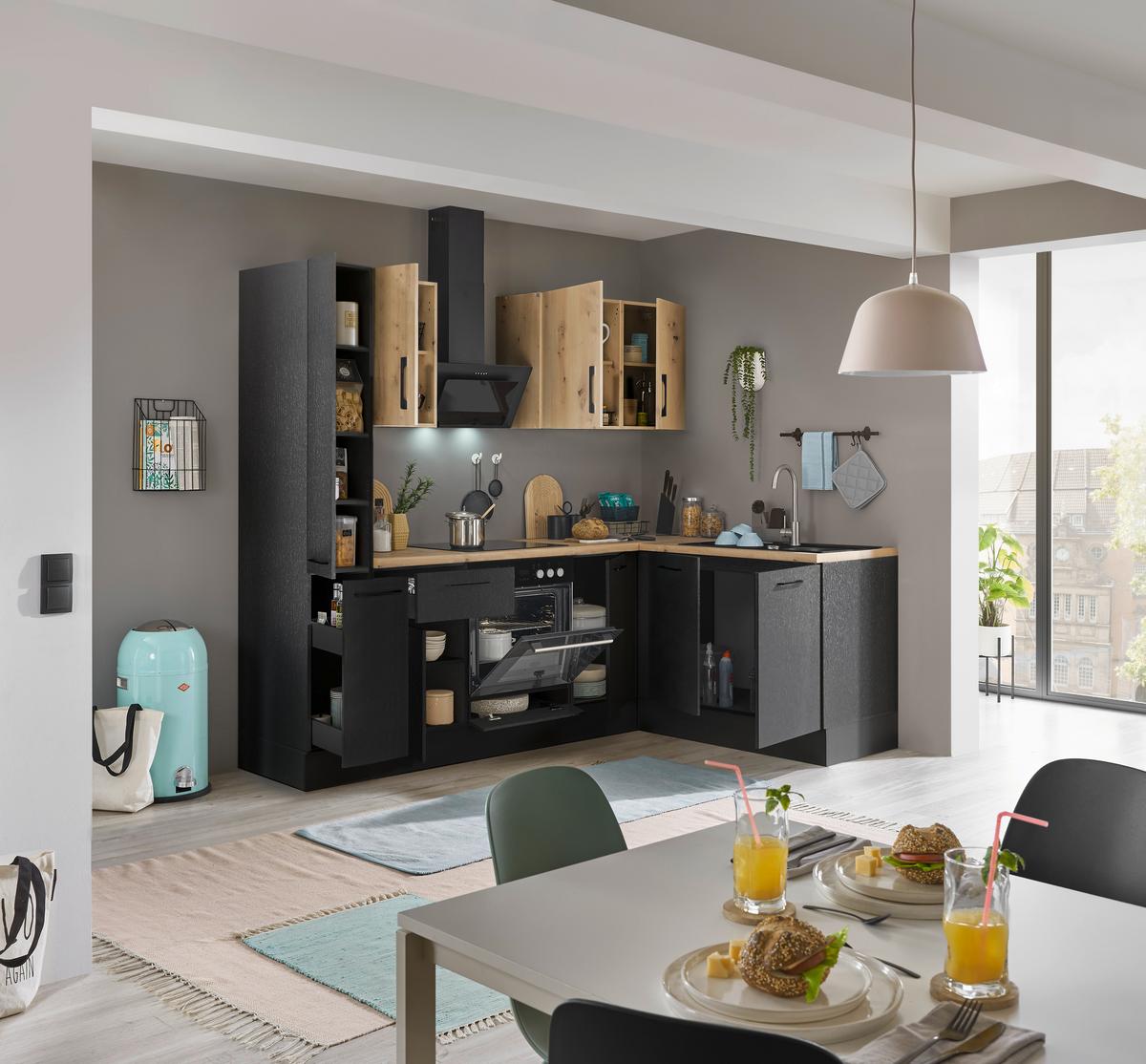 Eckküche Turin Schwarz/Eiche Dekor 240x165 cm - Schwarz/Eiche Artisan, Basics, Holzwerkstoff (240/165cm) - MID.YOU