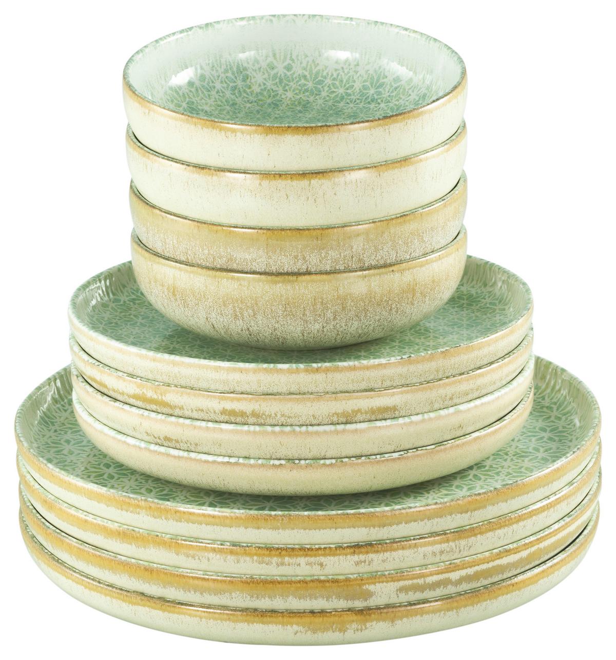Tafelservice Uno Emiliana 12--Teilig., Creme, Grün - Creme/Grün, Basics, Keramik - Creatable