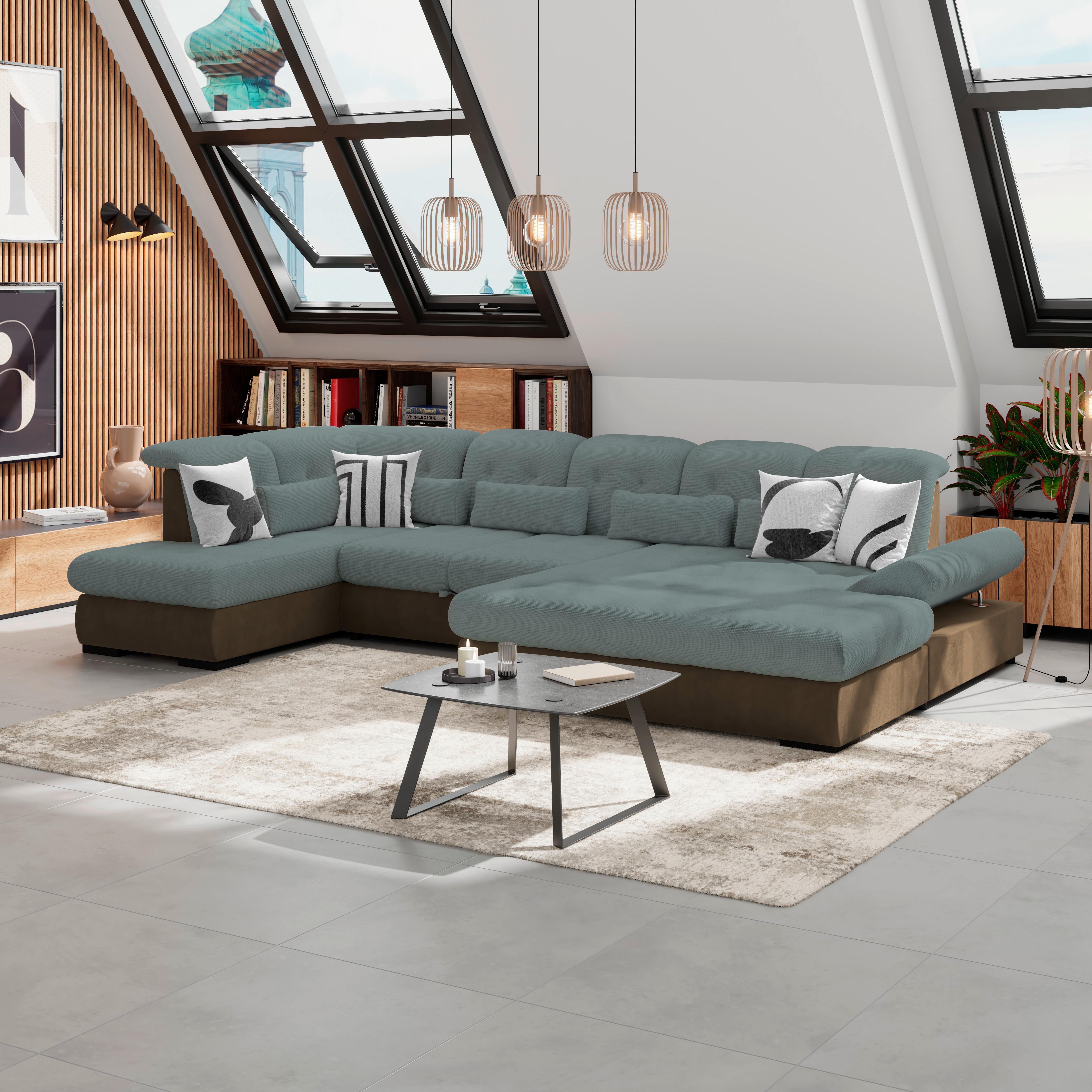 Wohnlandschaft Madera Mit Schlaffunktion Blau - Blau/Hellbraun, KONVENTIONELL, Kunststoff/Textil (212/358/190cm)