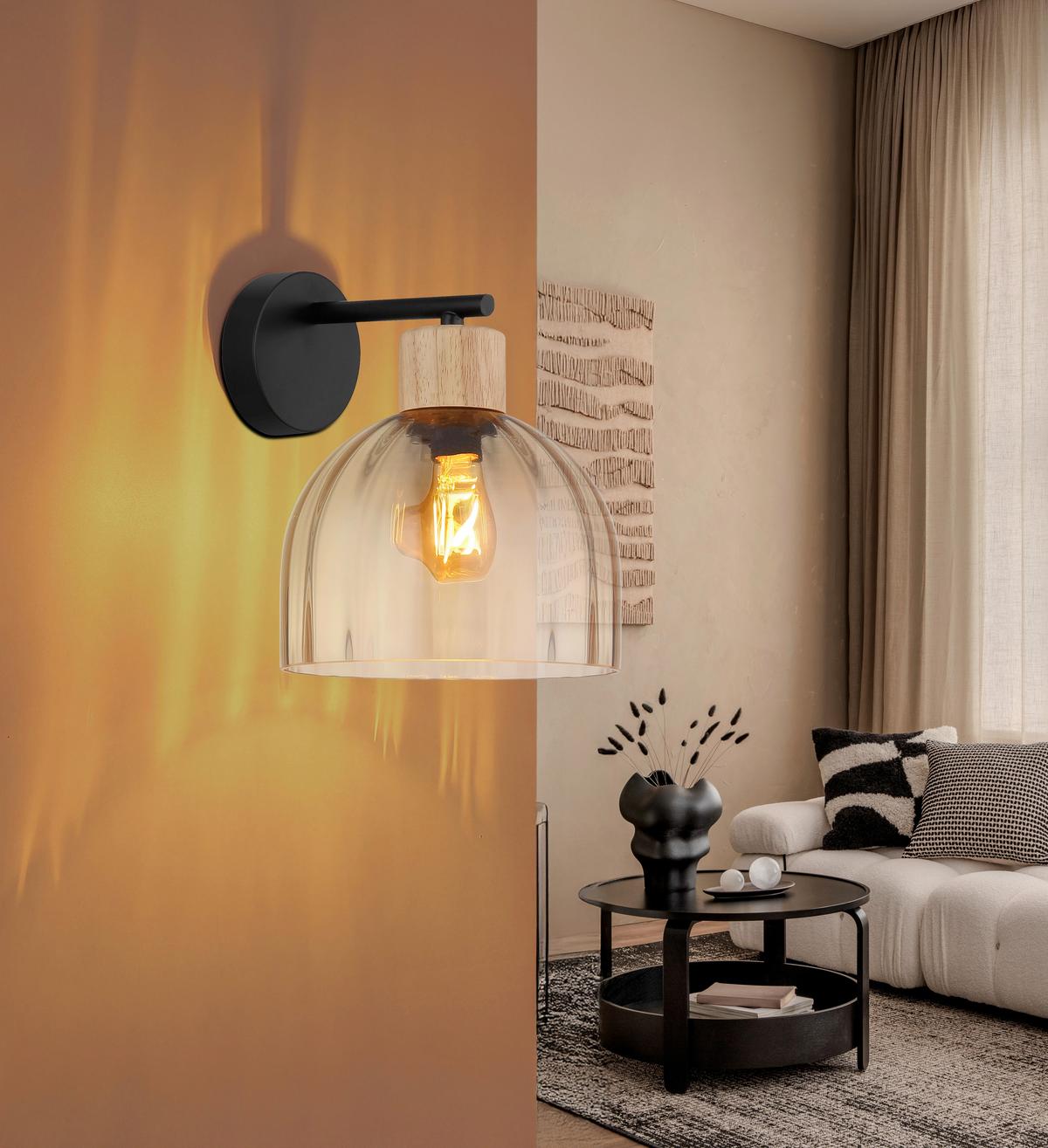 WANDLEUCHTE Braun, Schwarz, ca. 20x24x24cm - Schwarz/Braun, Design, Glas/Holz (20/23,5/24cm) - Globo