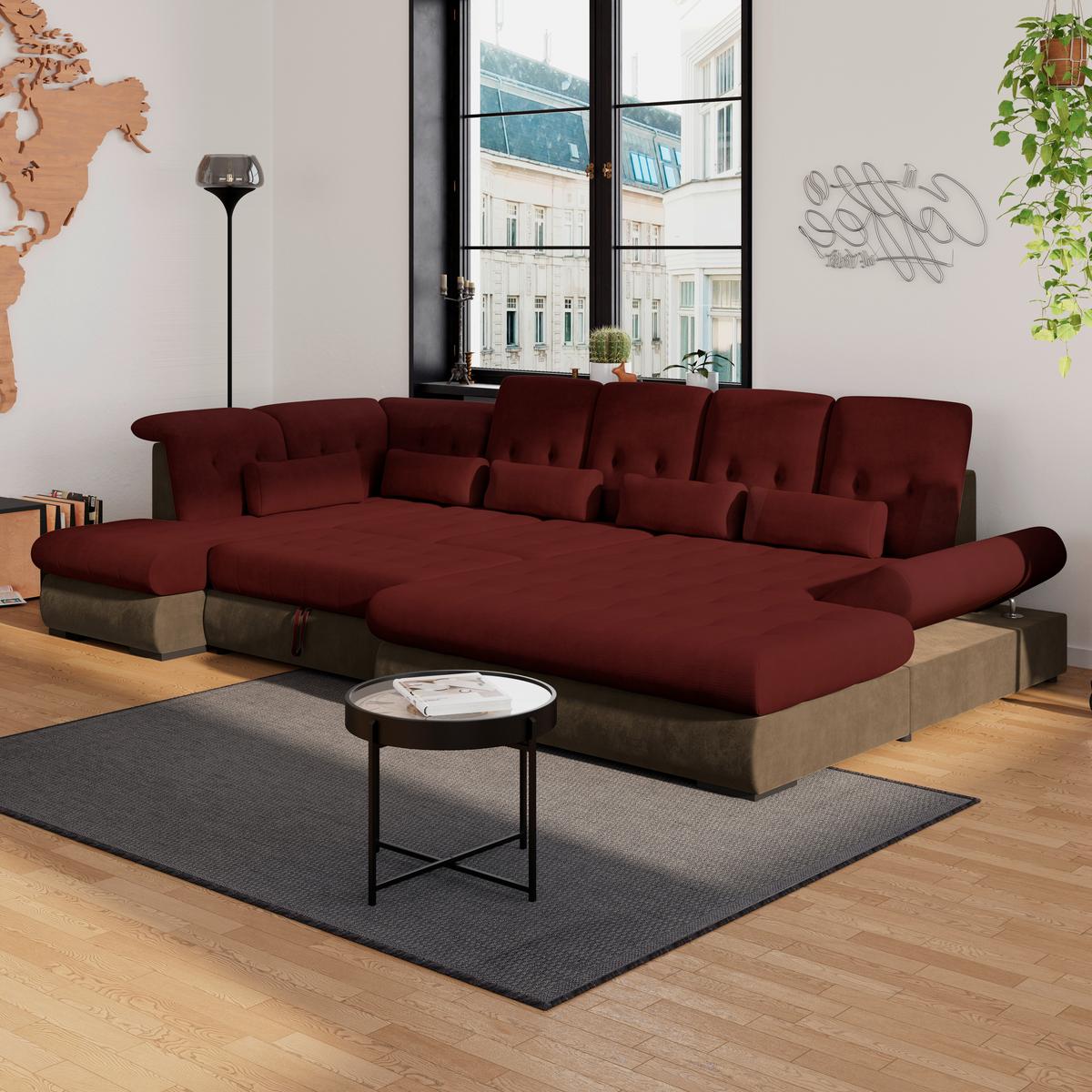 Wohnlandschaft Madera Rubinrot U: 212x358x190 cm - Hellbraun/Rot, KONVENTIONELL, Kunststoff/Textil (212/358/190cm)
