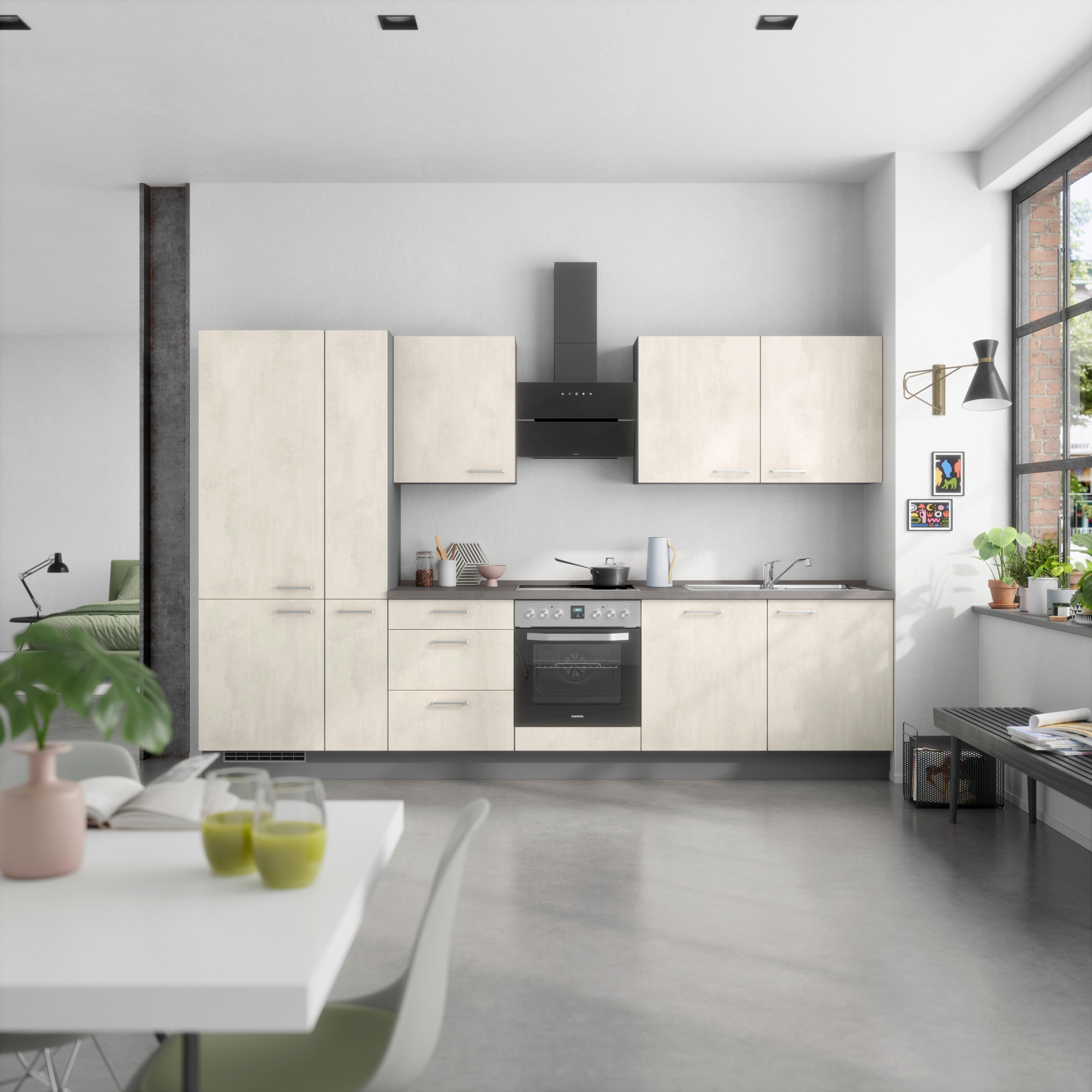 Kuchynská linka 330 cm, biely beton/ bridlicová šedá - biela/farba ušľachtilej ocele, Modern, kov/kompozitné drevo (330cm) - Nobilia