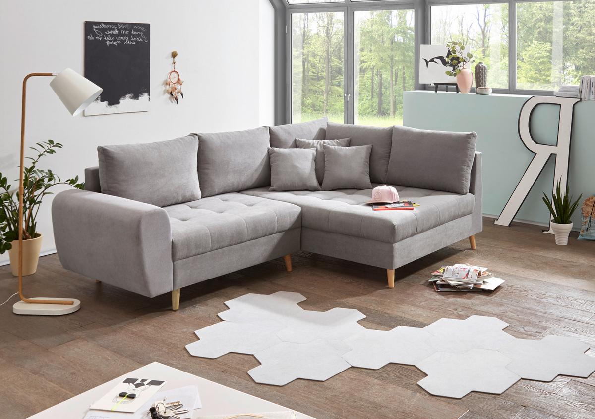 Ecksofa Mit Holzfüßen + Zierkissen Alice, Webstoff - Hellgrau/Kieferfarben, KONVENTIONELL, Holzwerkstoff/Textil (249/175cm) - MID.YOU