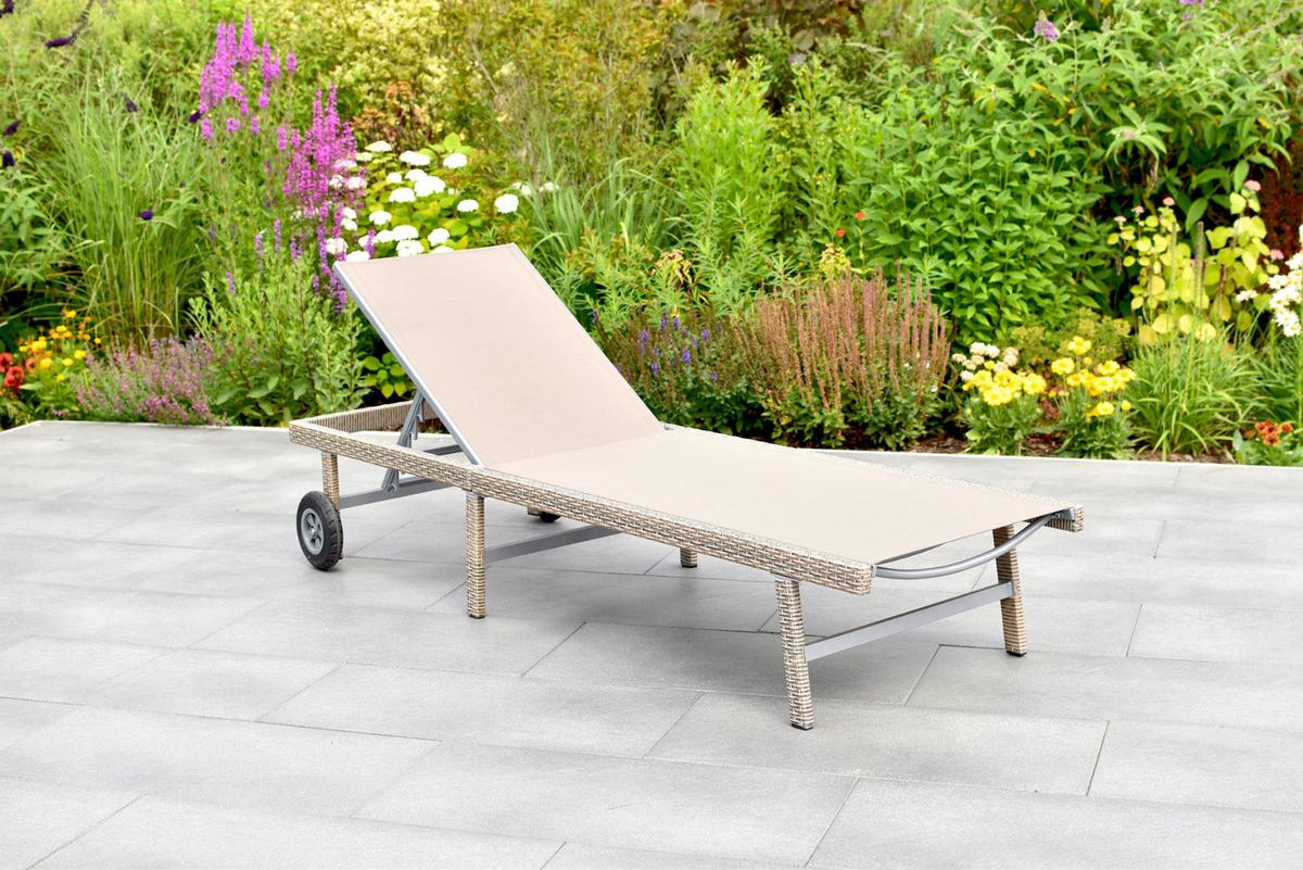Sonnenliege Navarra Metall/Kunststoff mit Rollen - Beige/Grau, MODERN, Kunststoff/Metall (202/35/65cm) - Gardenson