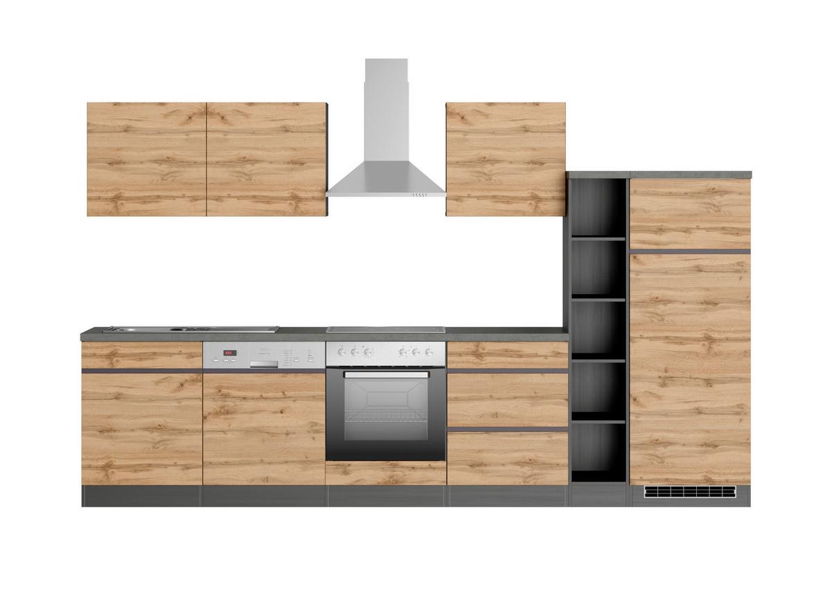 Küchenzeile Turin mit Geräte B: 330 cm Graphit/Eiche Dekor - Eiche Wotan/Graphitfarben, Design, Holzwerkstoff (330cm) - Held