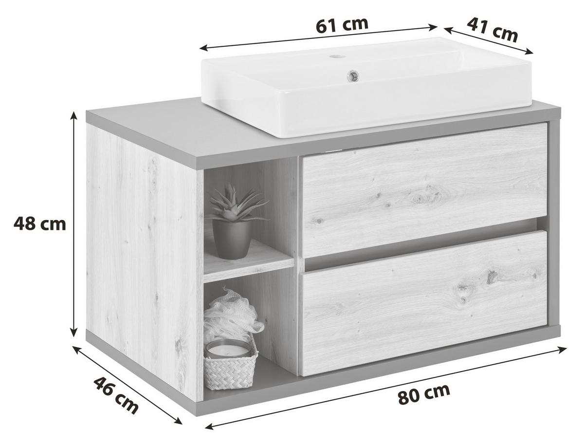 Waschbeckenunterschrank Camillo B: 80 cm, Eichefarben - Weiß Hochglanz/Anthrazit, MODERN, Keramik/Holzwerkstoff (80/48/46cm)