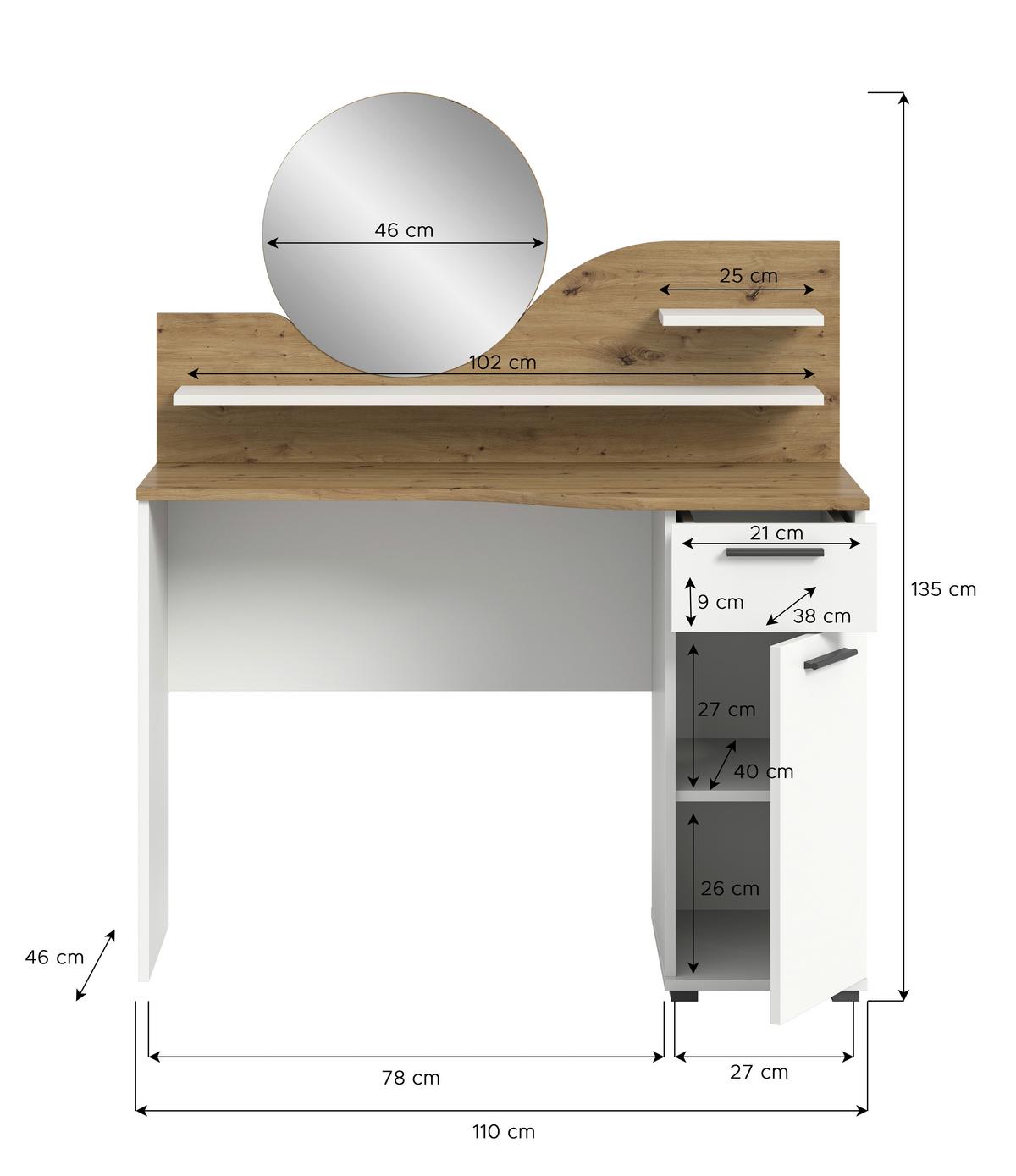 Schminktisch Vanity Weiß B: 110 Cm - Eichefarben/Weiß, Design, Holzwerkstoff (110/135/46cm) - MID.YOU