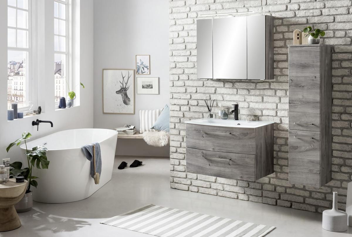 Waschbecken Mit Unterschrank Stockholm B: 80cm Grau Dekor - Eichefarben/Weiß, KONVENTIONELL, Glas/Holzwerkstoff (80cm) - Held