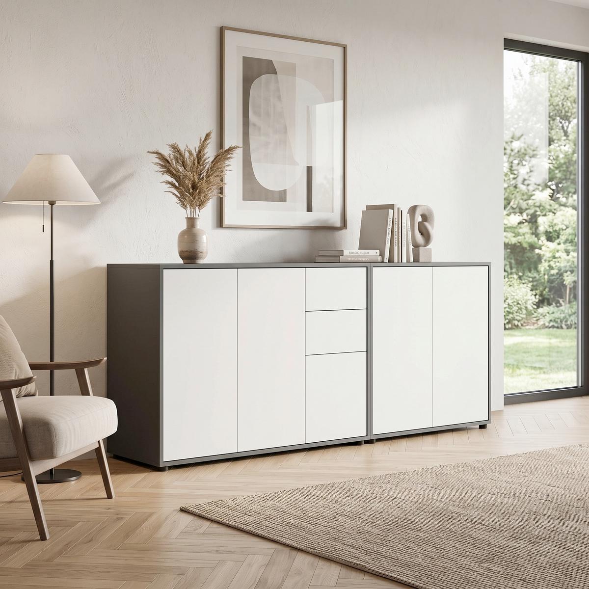 Sideboard Mailand Anthrazit/Weiß B: 184,5cm - Anthrazit/Schwarz, MODERN, Holzwerkstoff (184,5/73/33cm) - MID.YOU