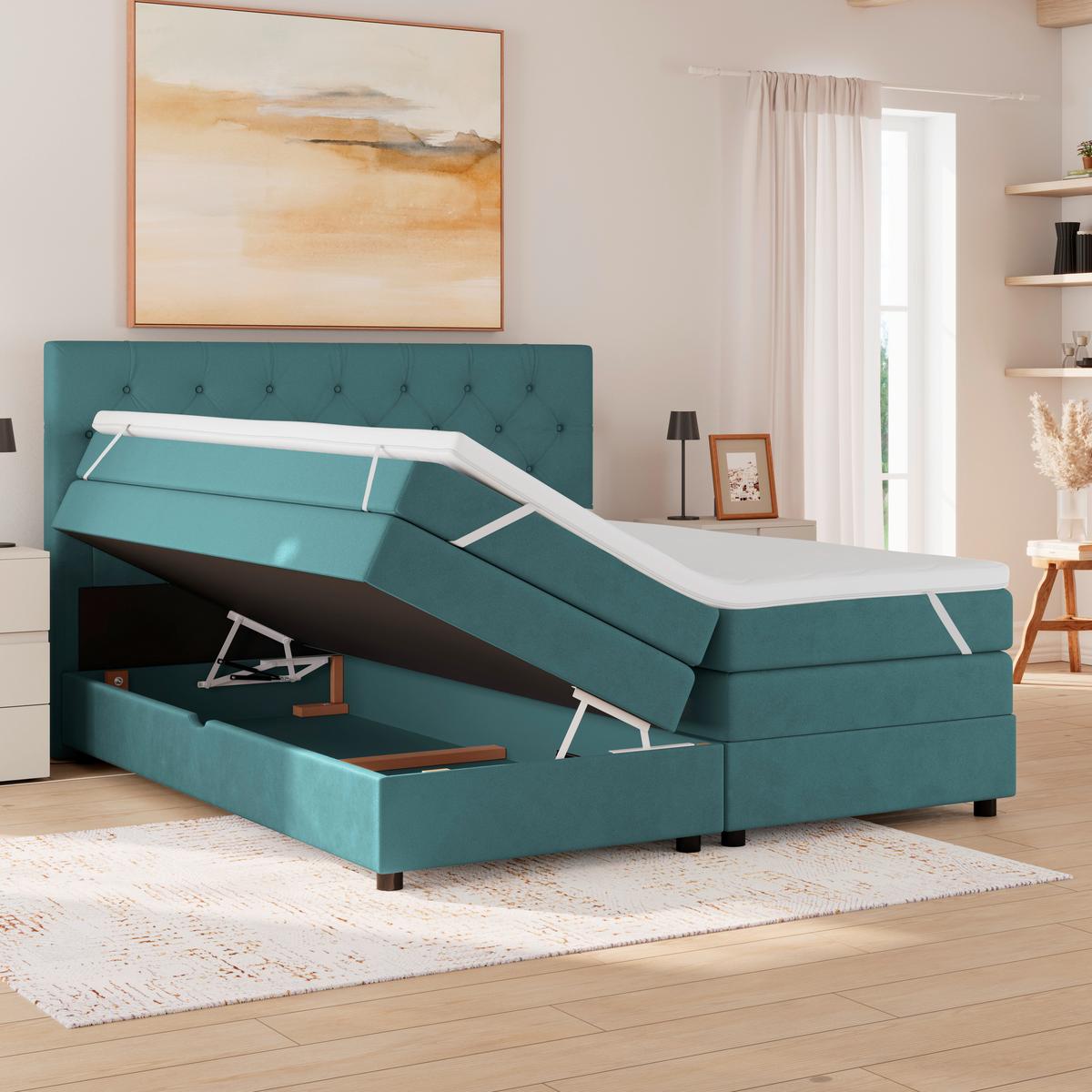 Boxspringbett Elio Petrol 160x200 Cm H4 - Petrol/Schwarz, ROMANTIK / LANDHAUS, Textil (164/121/212cm) - James Wood